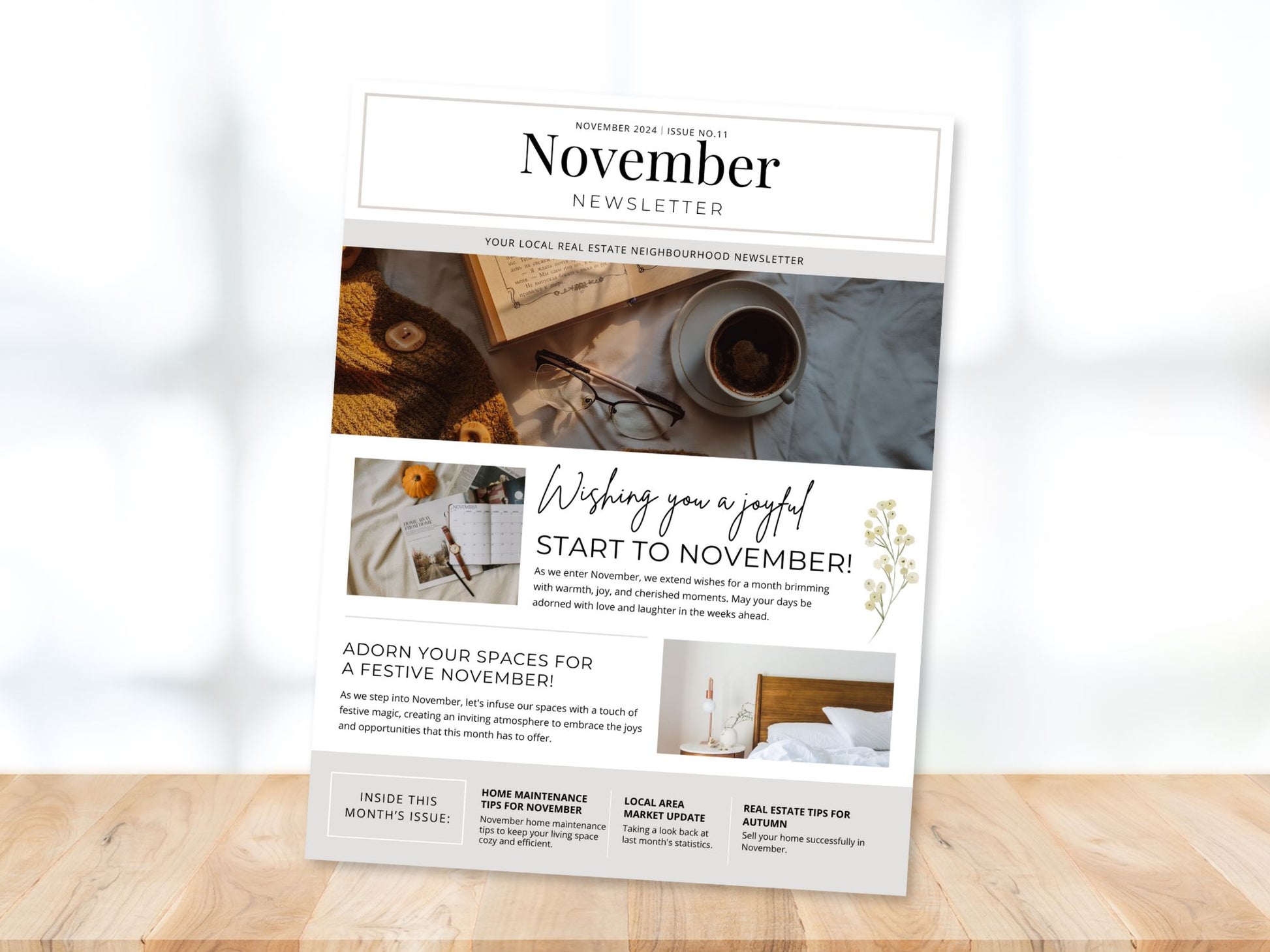 Minimal November Newsletter 2024 template for real estate professionals, featuring market
updates and seasonal advice.