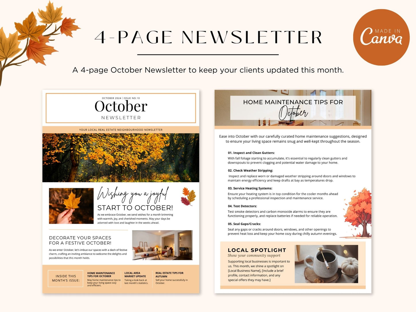 Minimal October Newsletter 2024 template for real estate professionals, featuring market
updates and seasonal tips.