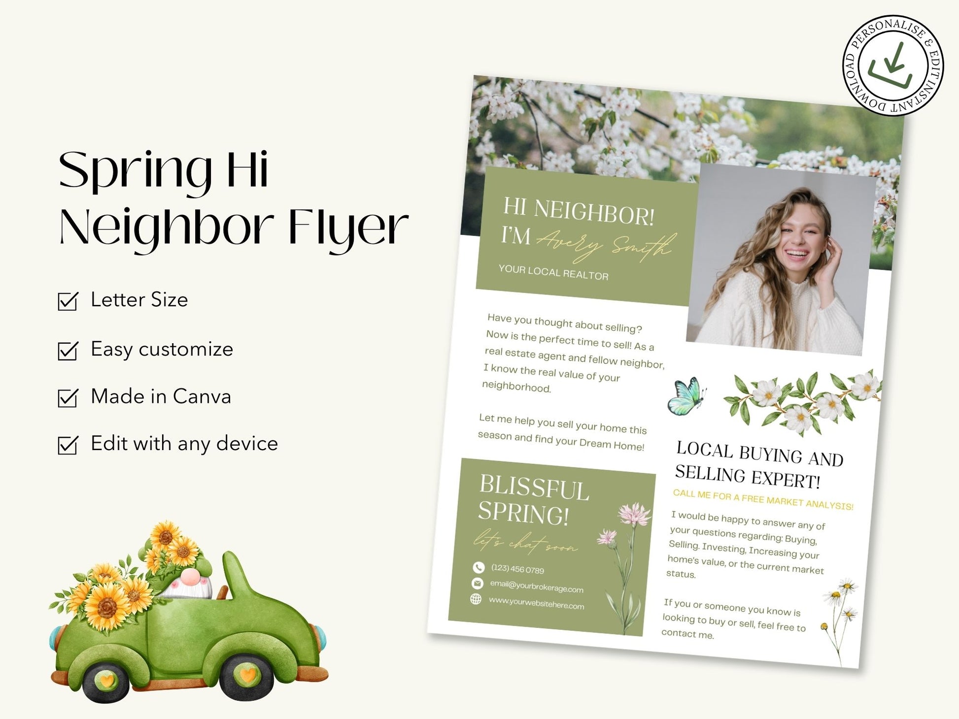 Spring Hello Neighbor Flyer - Professionally designed real estate flyer welcoming the season and showcasing property listings.
