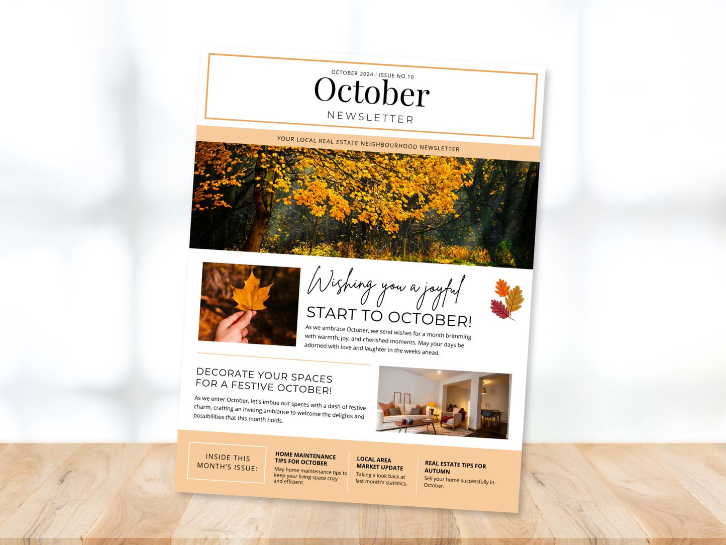 Minimal October Newsletter 2024 template for real estate professionals, featuring market
updates and seasonal tips.
