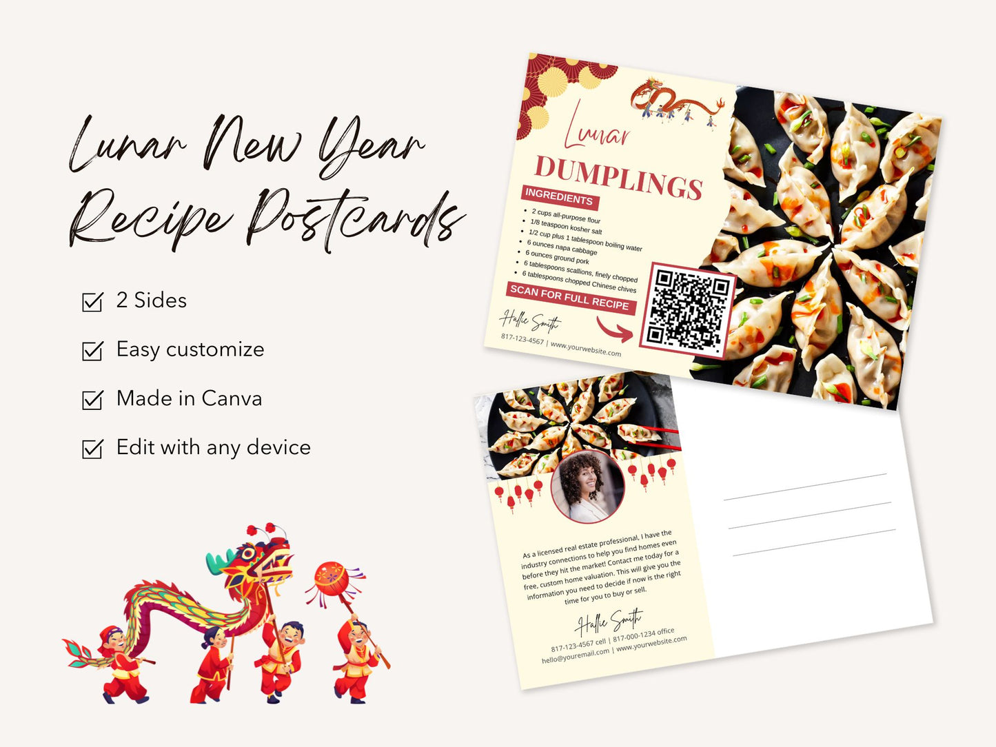 A set of Lunar New Year-themed recipe postcards featuring vibrant festive designs, ideal for real estate client engagement.