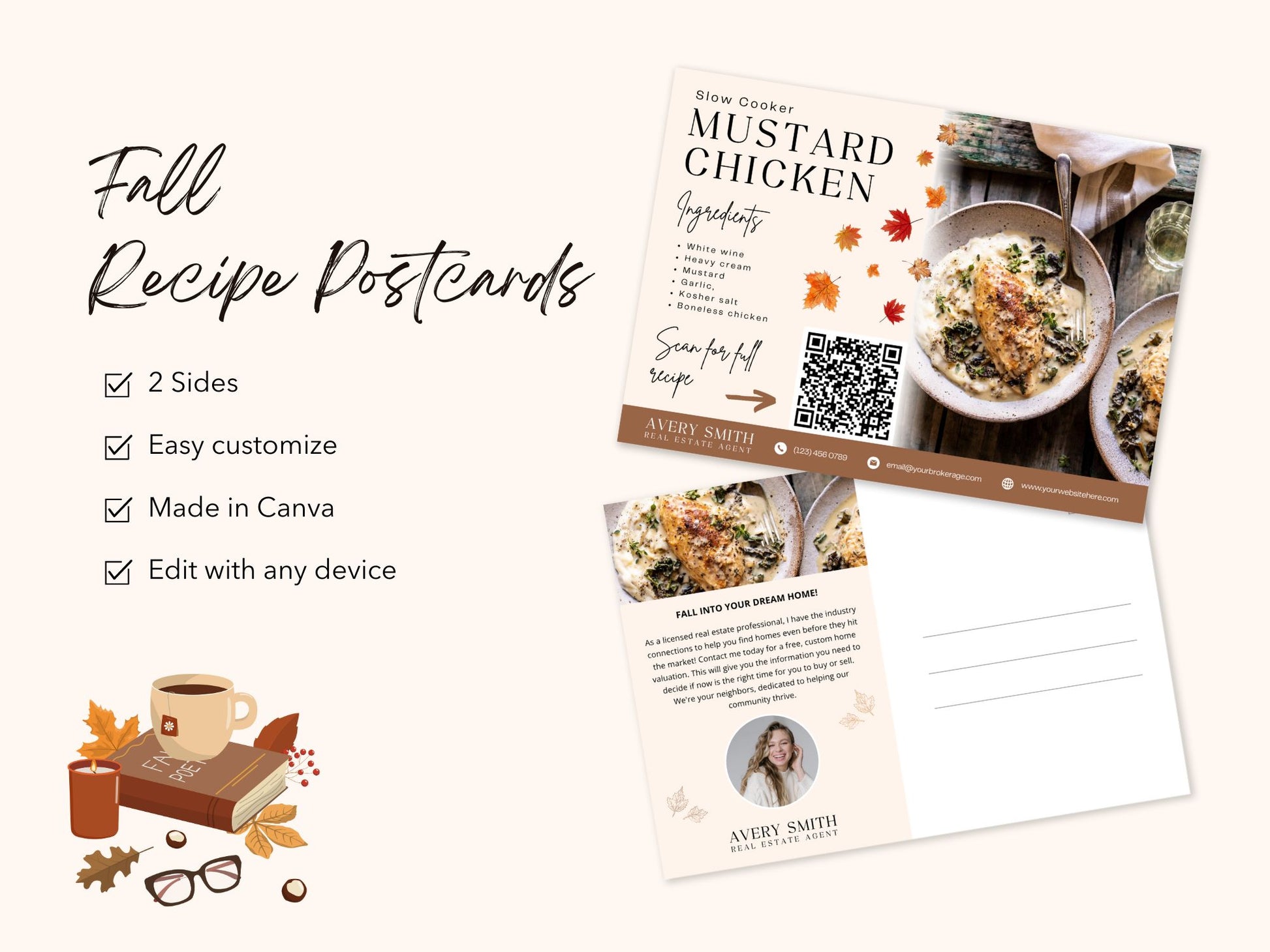 Fall Real Estate Recipe Postcards featuring seasonal recipes and real estate promotional content.

