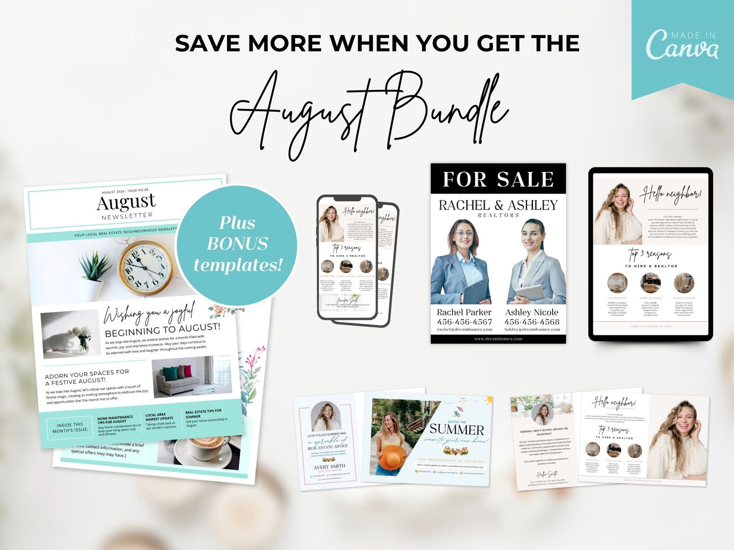 August Farming Bundle - Comprehensive set including newsletters, postcards, and flyers for real estate marketing.