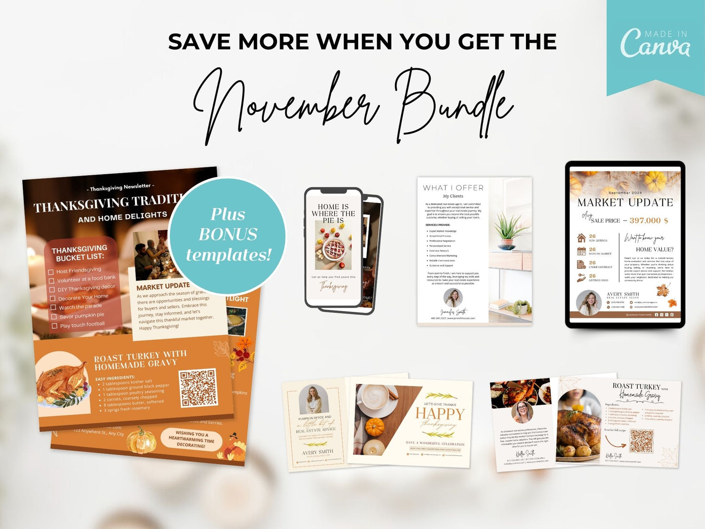 November Real Estate Farming Bundle with seasonal postcards, flyers, and letters for fall marketing.