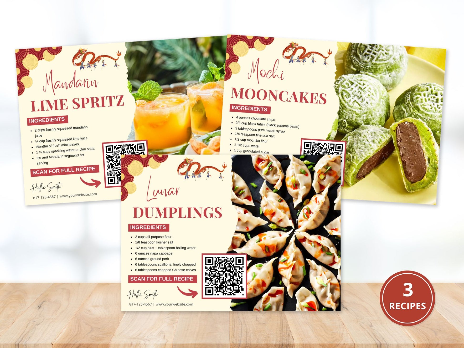 A set of Lunar New Year-themed recipe postcards featuring vibrant festive designs, ideal for real estate client engagement.