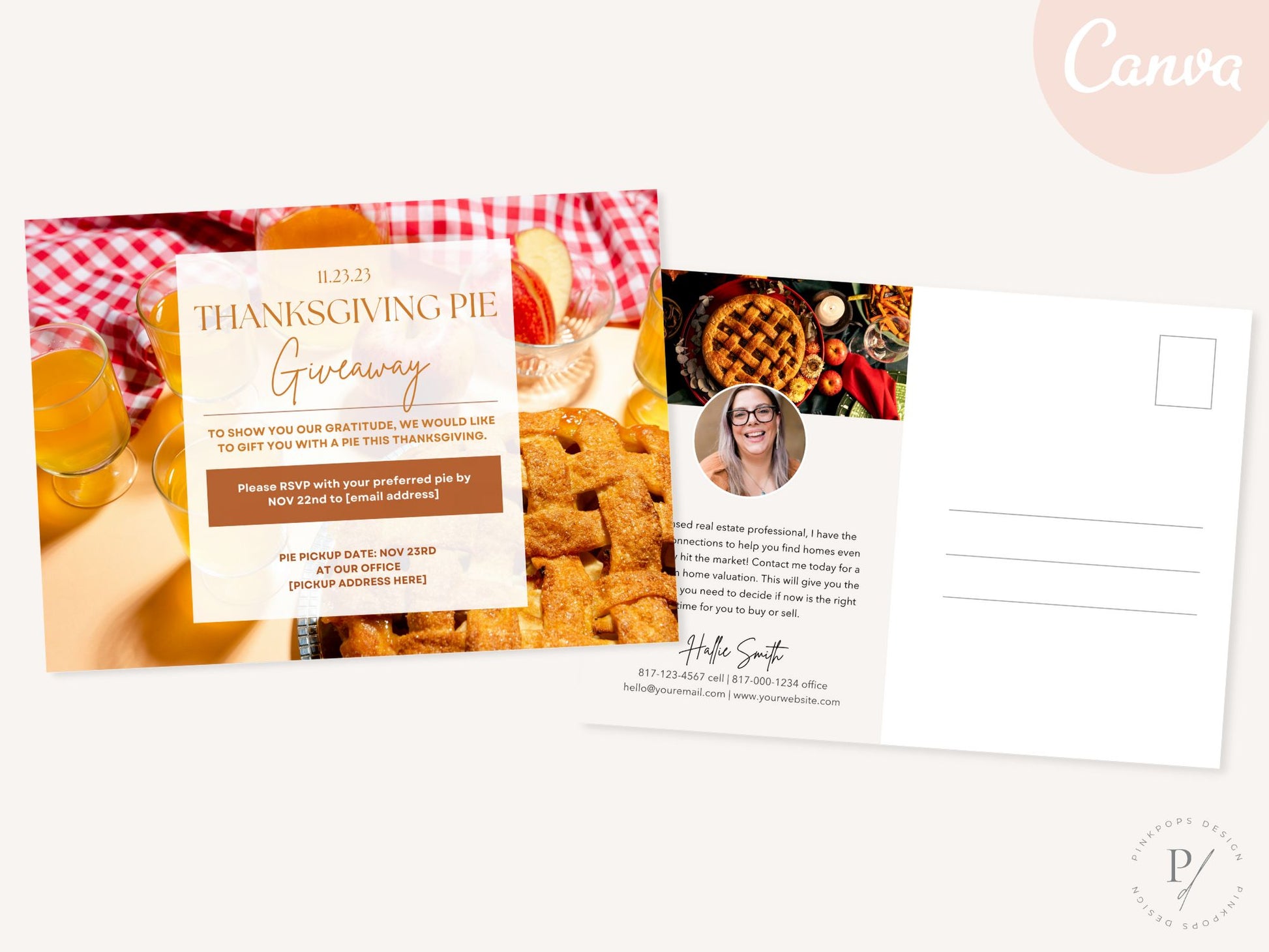 Real Estate Thanksgiving Pie Giveaway Postcard - Heartwarming postcard inviting clients to a delightful Thanksgiving pie giveaway for a memorable and engaging way to express gratitude and foster connections during the festive season.