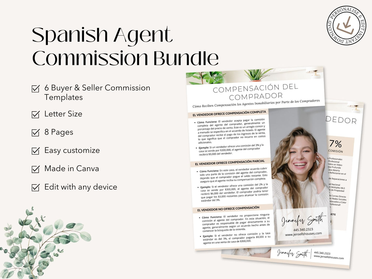 Spanish Agent Commission Bundle Vol 01 - Real estate documents in Spanish explaining commission structures and services for agents.