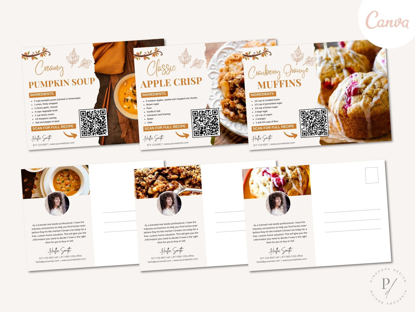 Real Estate Fall Recipe Postcard Bundle - Delightful bundle combining autumnal design with flavorful recipes for a unique and engaging way to express seasonal greetings and foster connections with clients during the fall season.