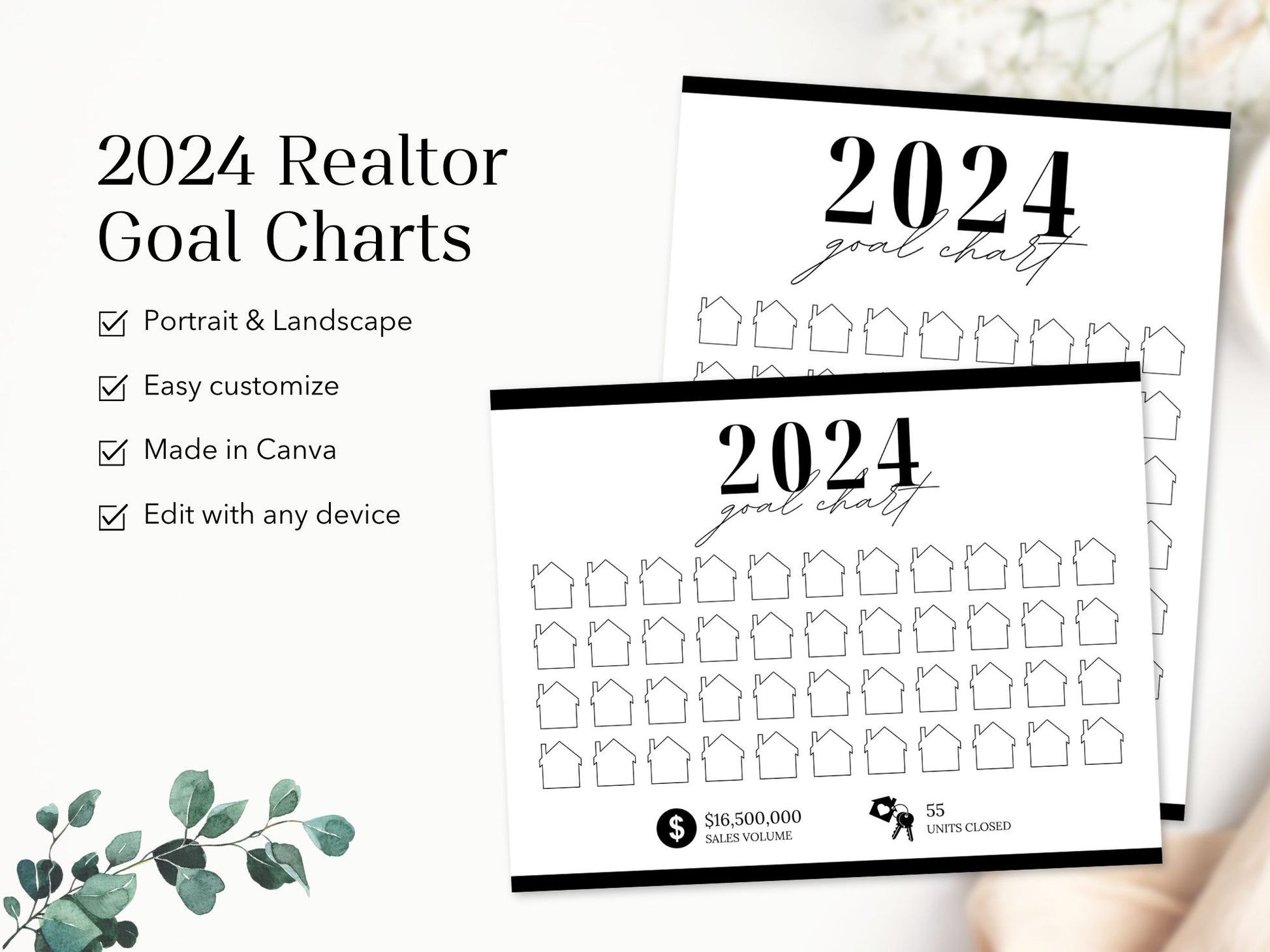 Real Estate Black 2024 Realtor Goal Chart - Sleek and modern chart for goal setting and tracking in a sophisticated black theme, providing a motivational and stylish tool for achieving real estate milestones.