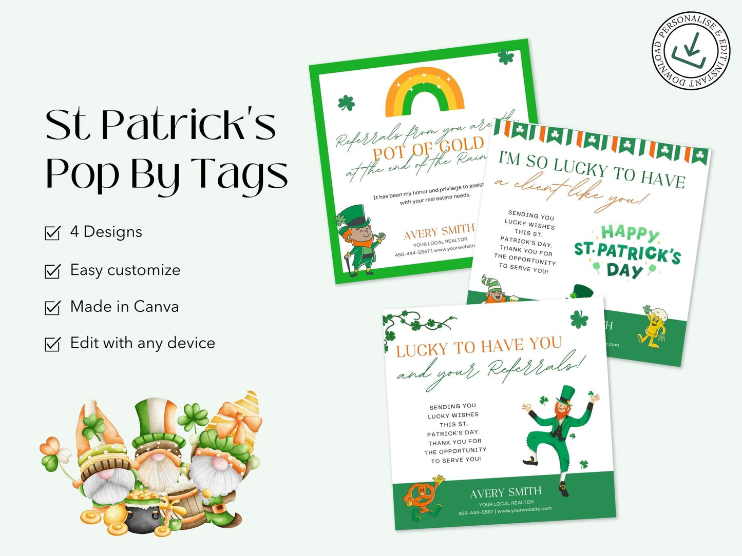 St. Patrick's Day Pop By Tags Bundle - Professionally designed real estate gift tags with festive St. Patrick's Day themes.