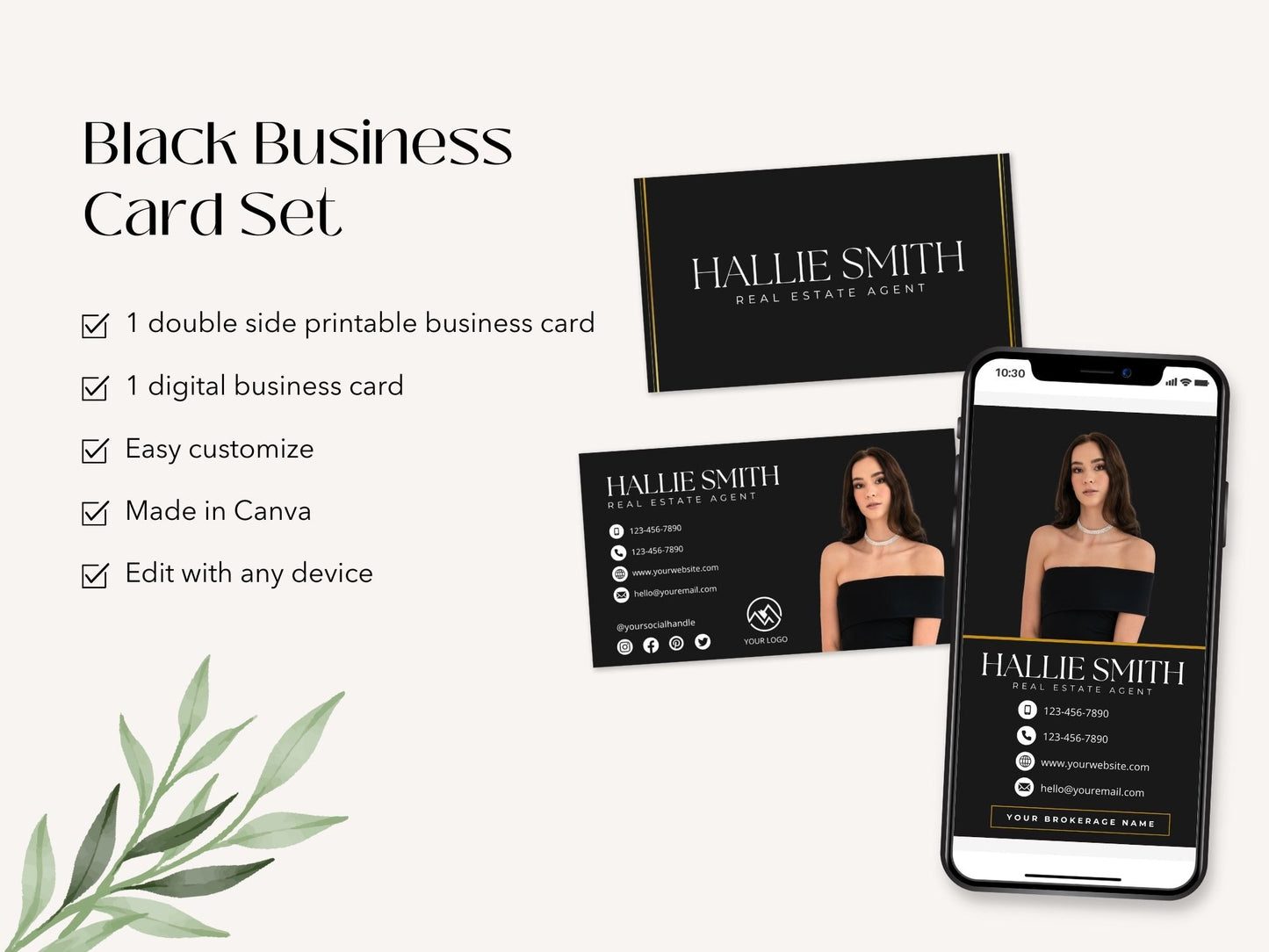 Real Estate Black Business Card Set - Sleek and sophisticated business cards in a classic black color scheme for real estate professionals.