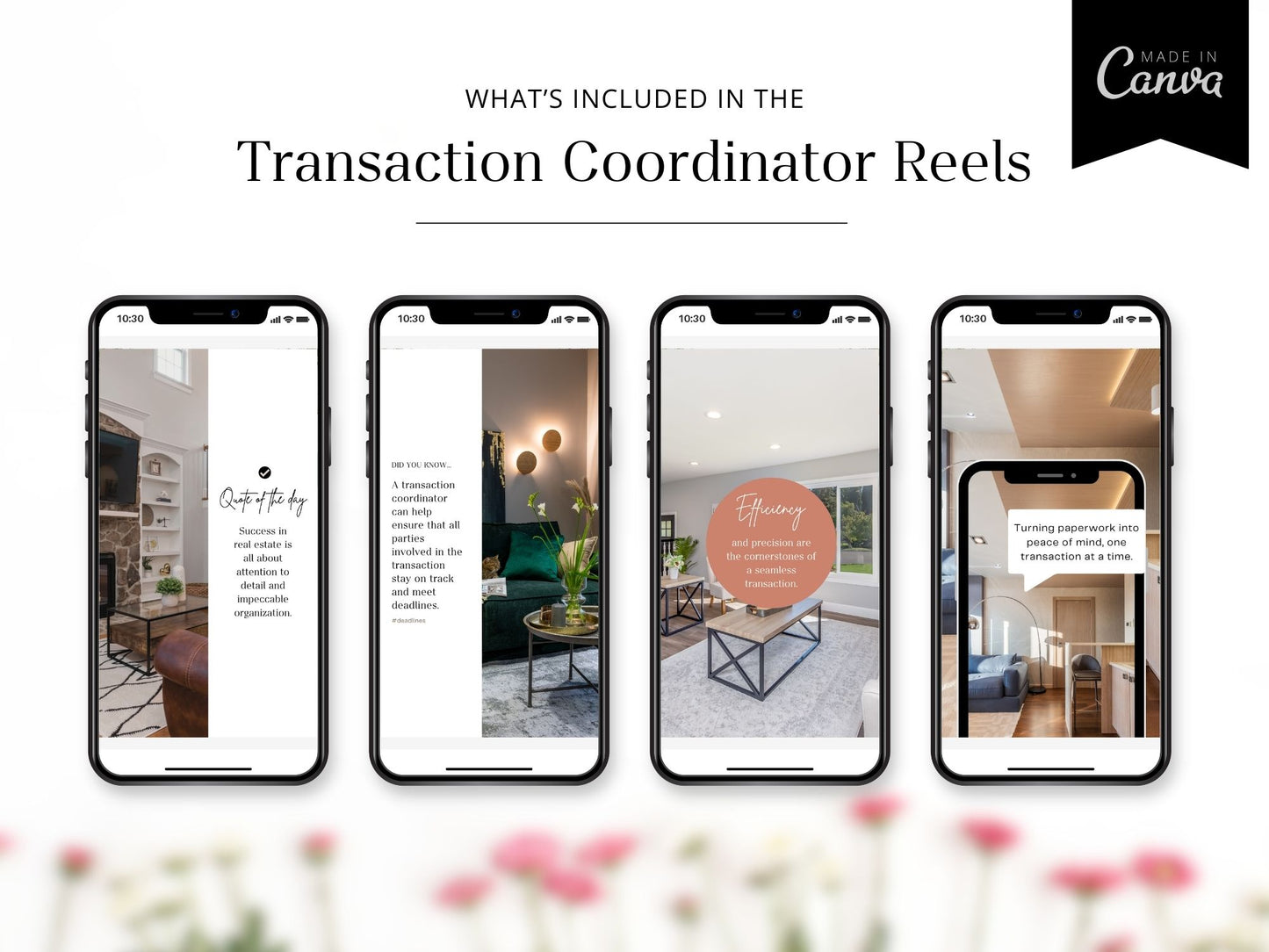 Instagram reel templates designed for transaction coordinators to educate and promote real estate closing services.