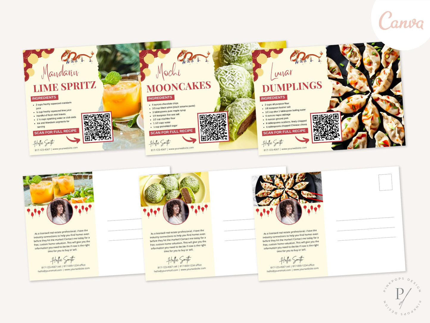 A set of Lunar New Year-themed recipe postcards featuring vibrant festive designs, ideal for real estate client engagement.