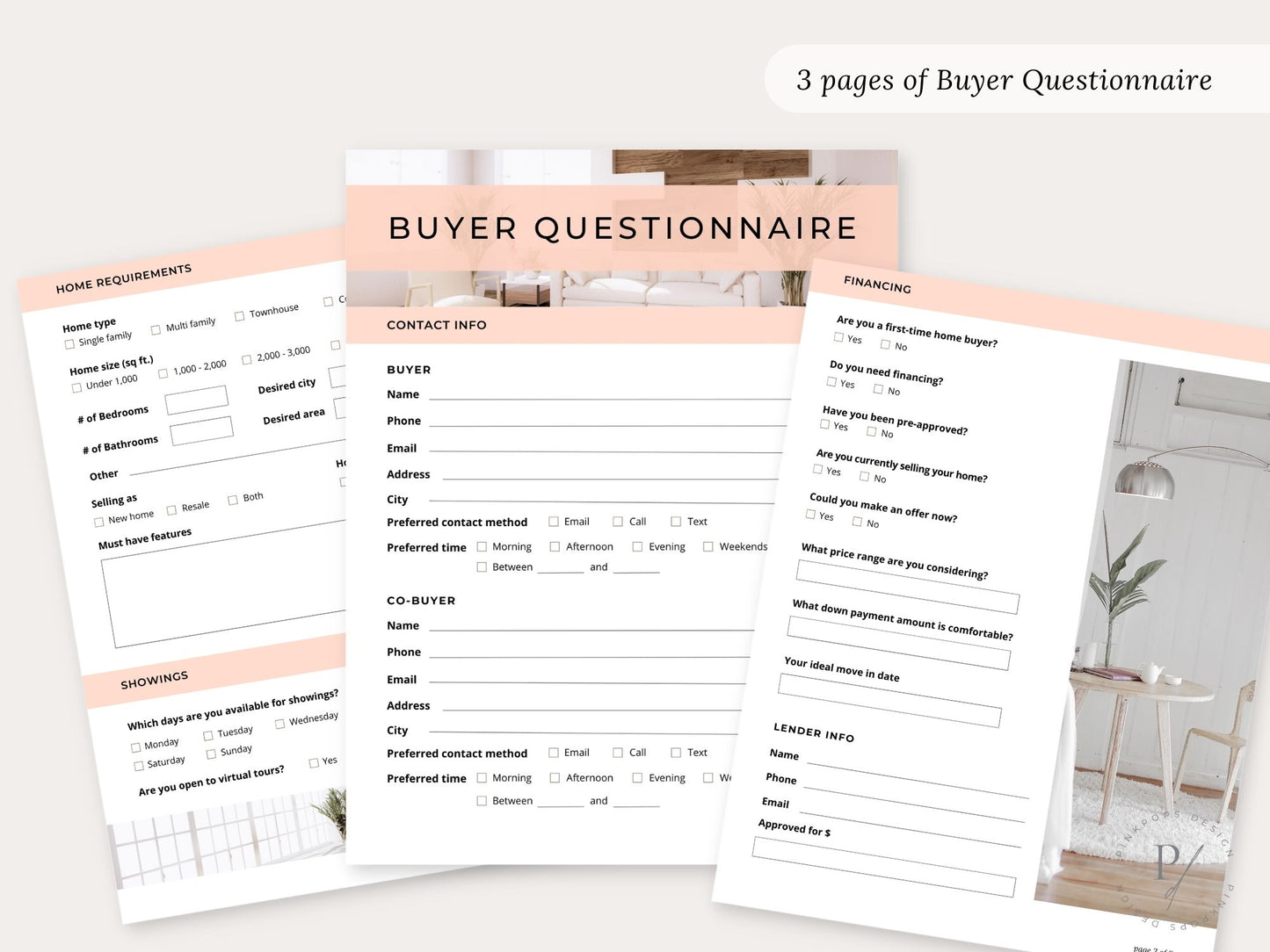 Real Estate Blush Buyer & Seller Questionnaire Bundle - Versatile and editable templates for seamless communication in an elegant blush color scheme.