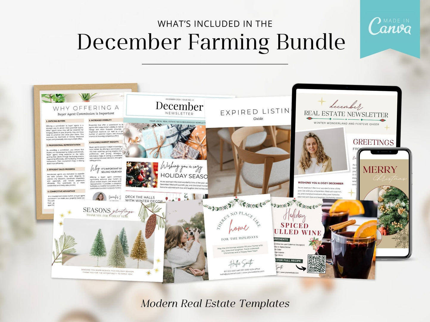 December Real Estate Farming Bundle with festive postcards, flyers, and letters for holiday marketing.