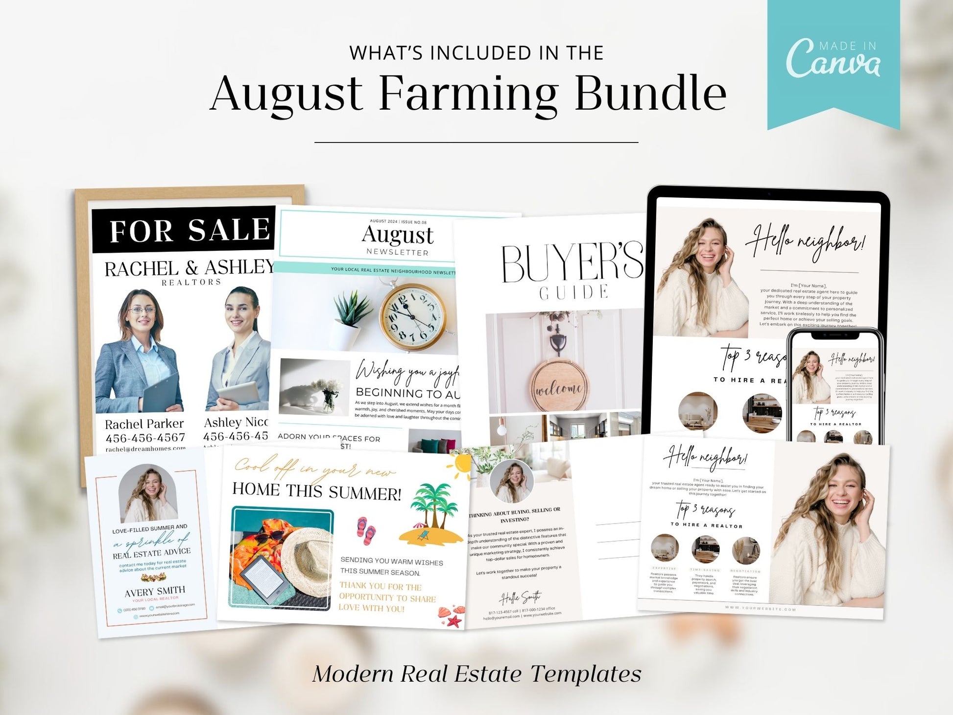 August Farming Bundle - Comprehensive set including newsletters, postcards, and flyers for real estate marketing.