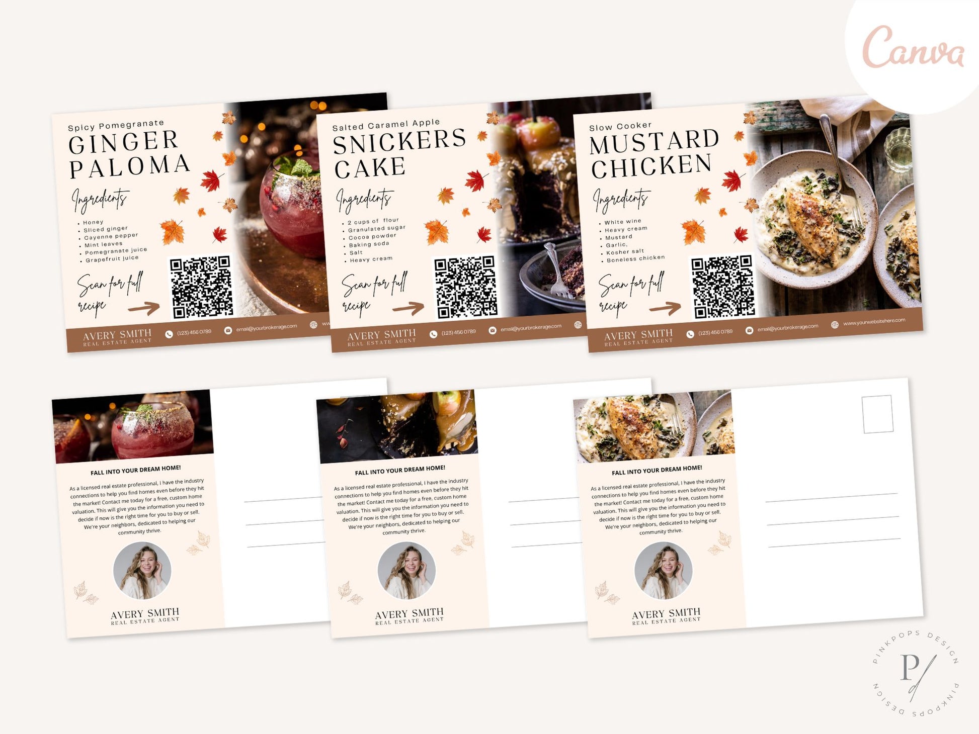 Fall Real Estate Recipe Postcards featuring seasonal recipes and real estate promotional content.
