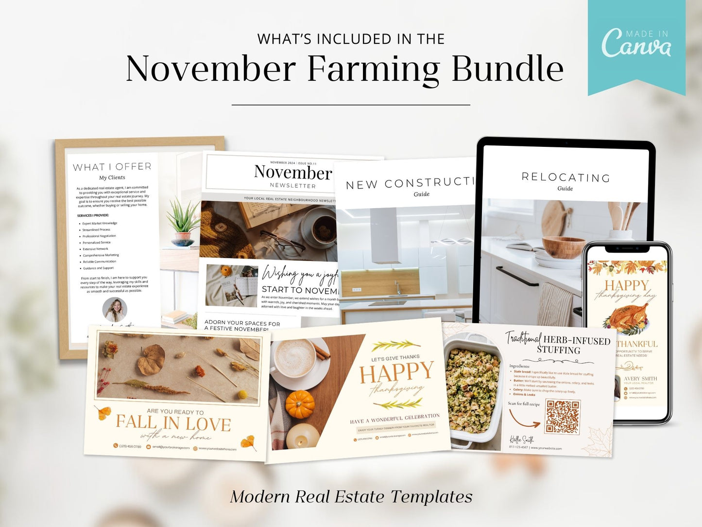 November Real Estate Farming Bundle with seasonal postcards, flyers, and letters for fall marketing.