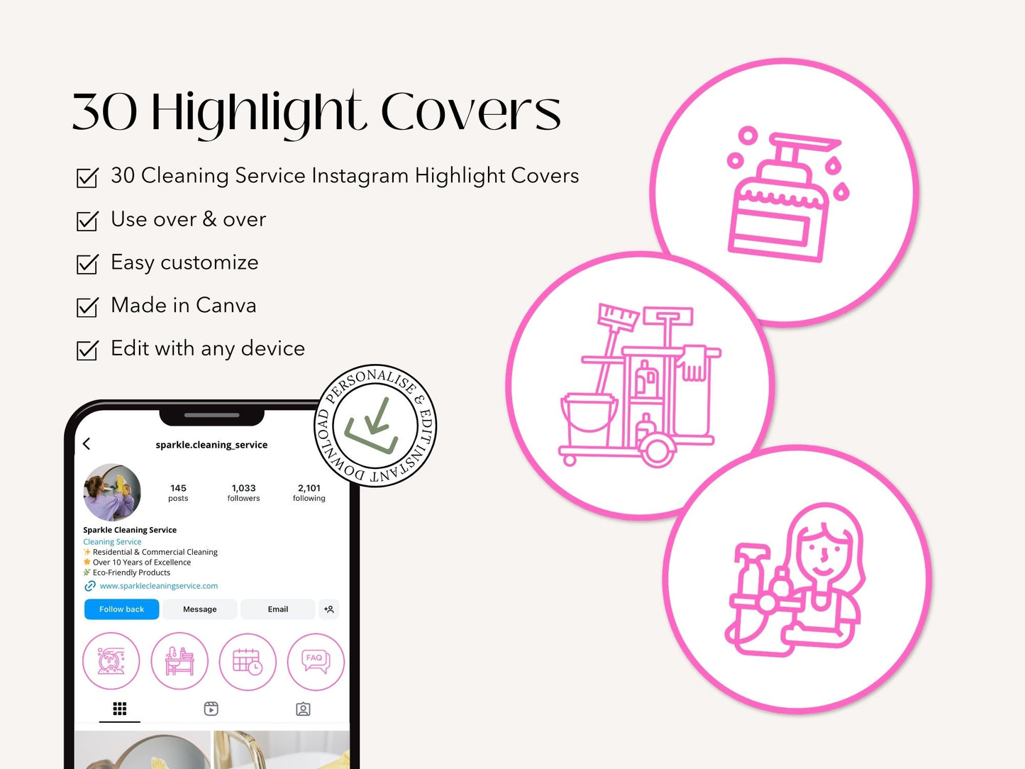 Pink Outline Cleaning Highlight Covers - Elegant and minimalist icons for showcasing cleaning services on Instagram.