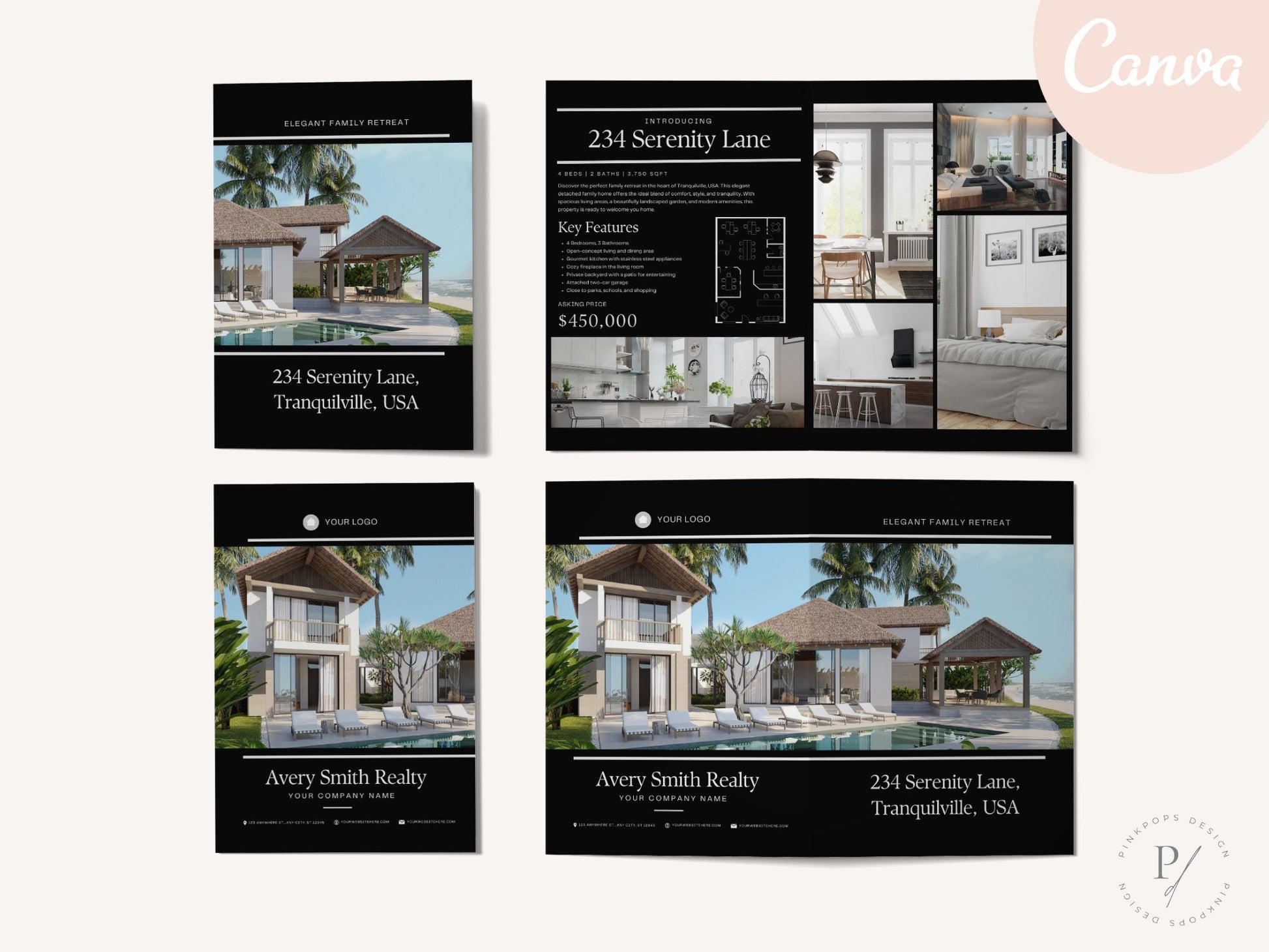 Real Estate Black Luxury Property Brochure - Sleek and sophisticated design showcasing premium properties in an elegant black theme, making it a standout marketing tool for luxury real estate presentations.