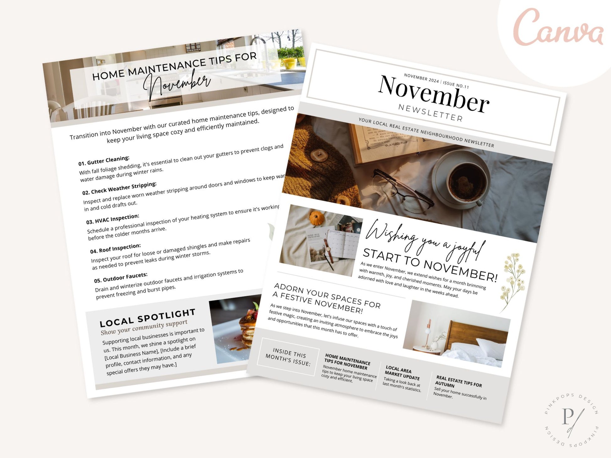 Minimal November Newsletter 2024 template for real estate professionals, featuring market
updates and seasonal advice.