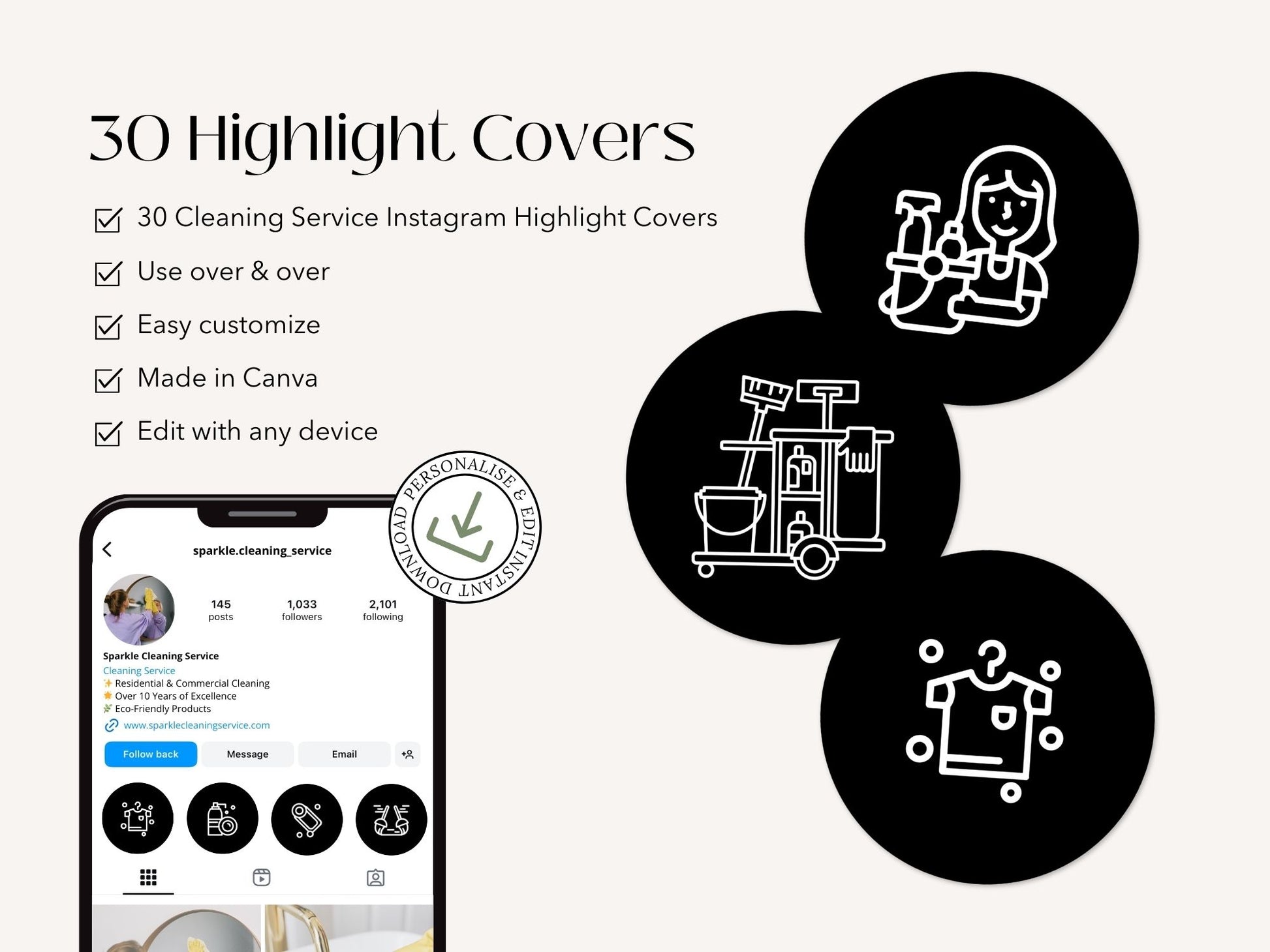 Black White Cleaning Highlight Covers - Stylish and professional icons for showcasing cleaning services on Instagram.