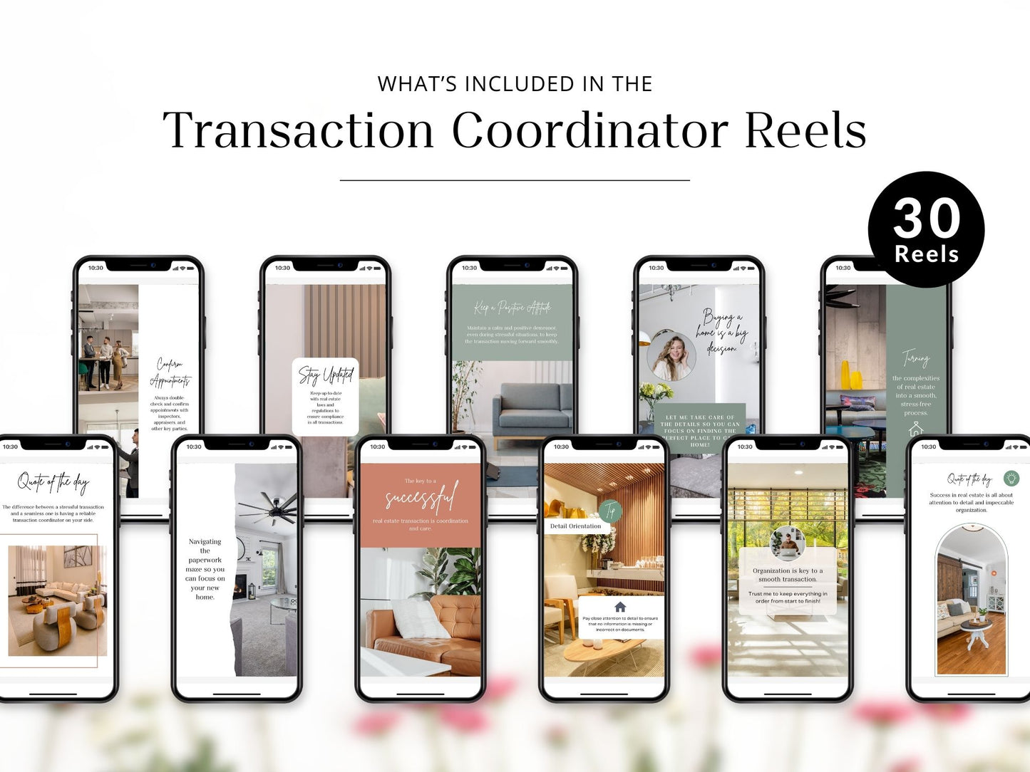 Instagram reel templates designed for transaction coordinators to educate and promote real estate closing services.