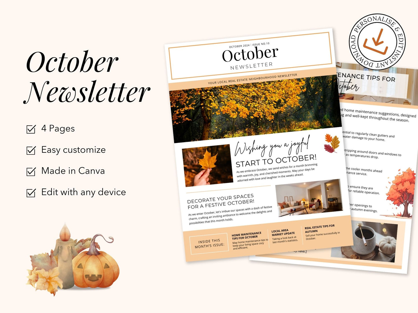 Minimal October Newsletter 2024 template for real estate professionals, featuring market
updates and seasonal tips.