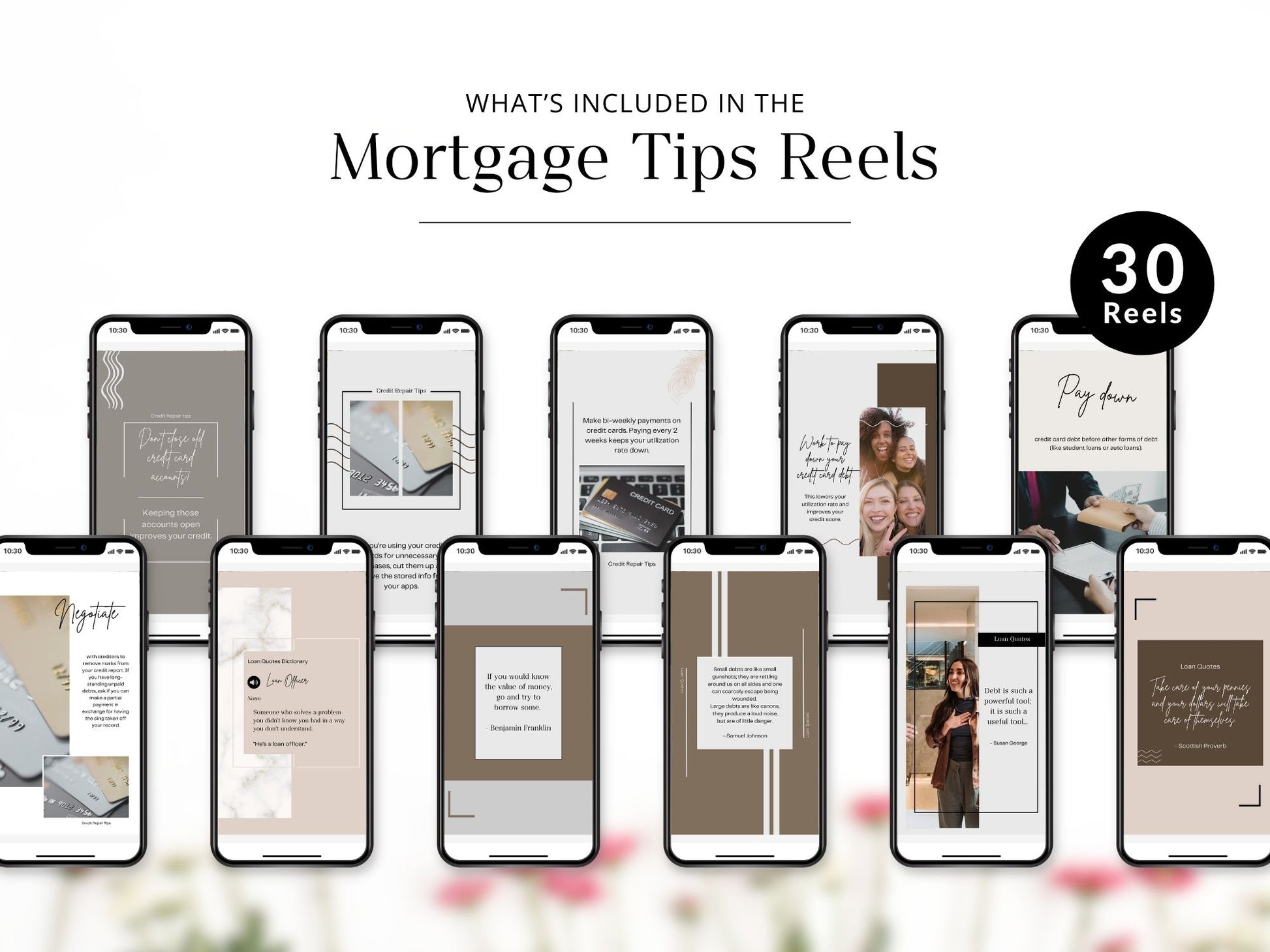 Instagram reel templates sharing mortgage tips for homebuyers and realtors, designed for engagement and education.