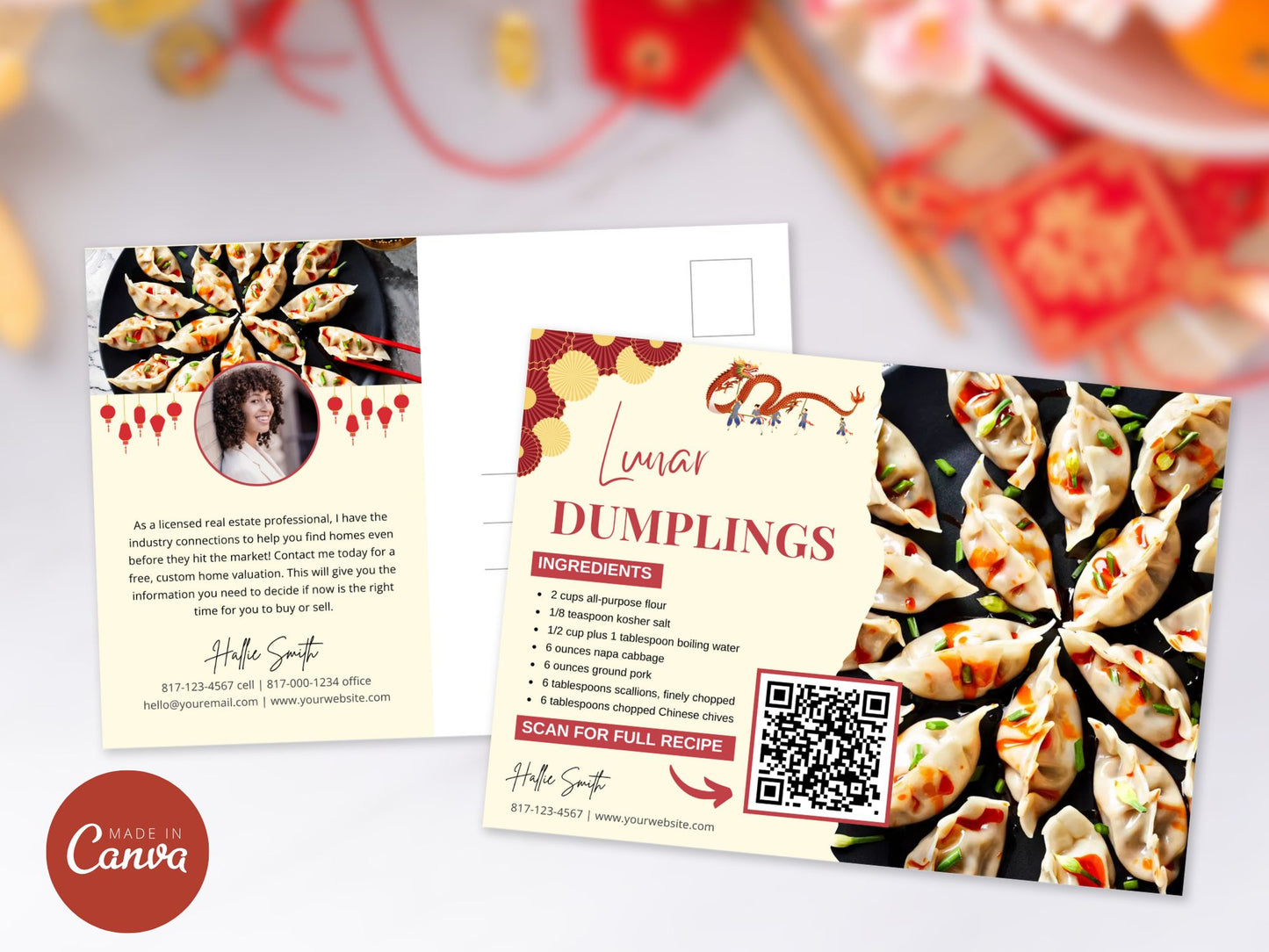 A set of Lunar New Year-themed recipe postcards featuring vibrant festive designs, ideal for real estate client engagement.