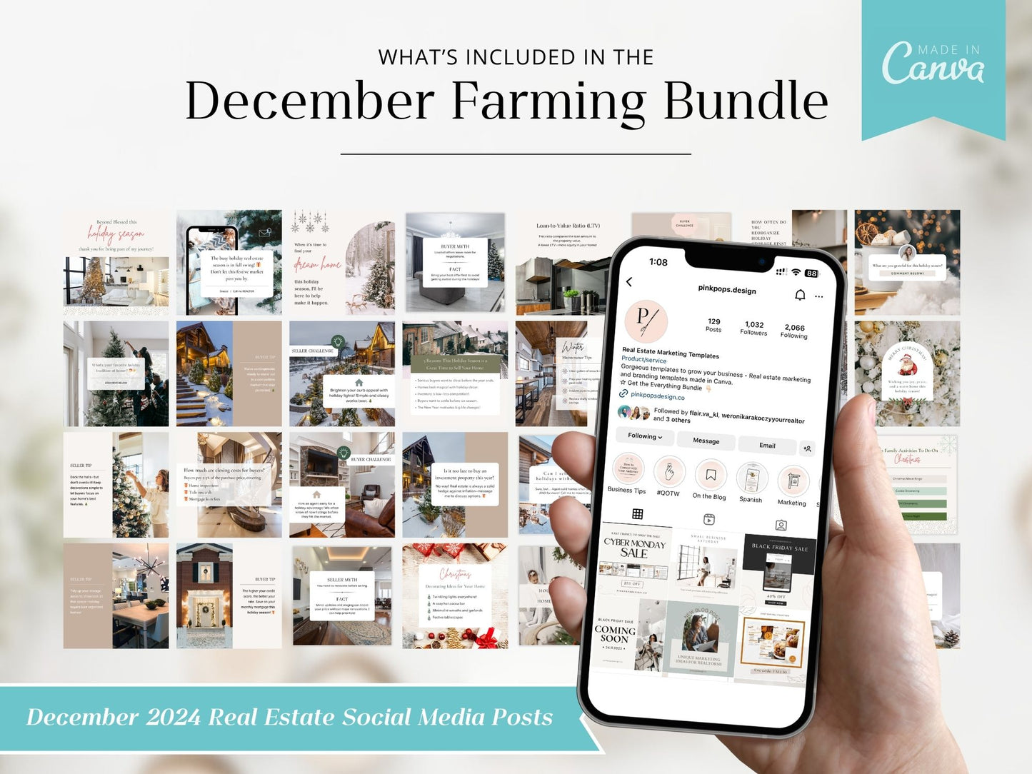 December Real Estate Farming Bundle with festive postcards, flyers, and letters for holiday marketing.