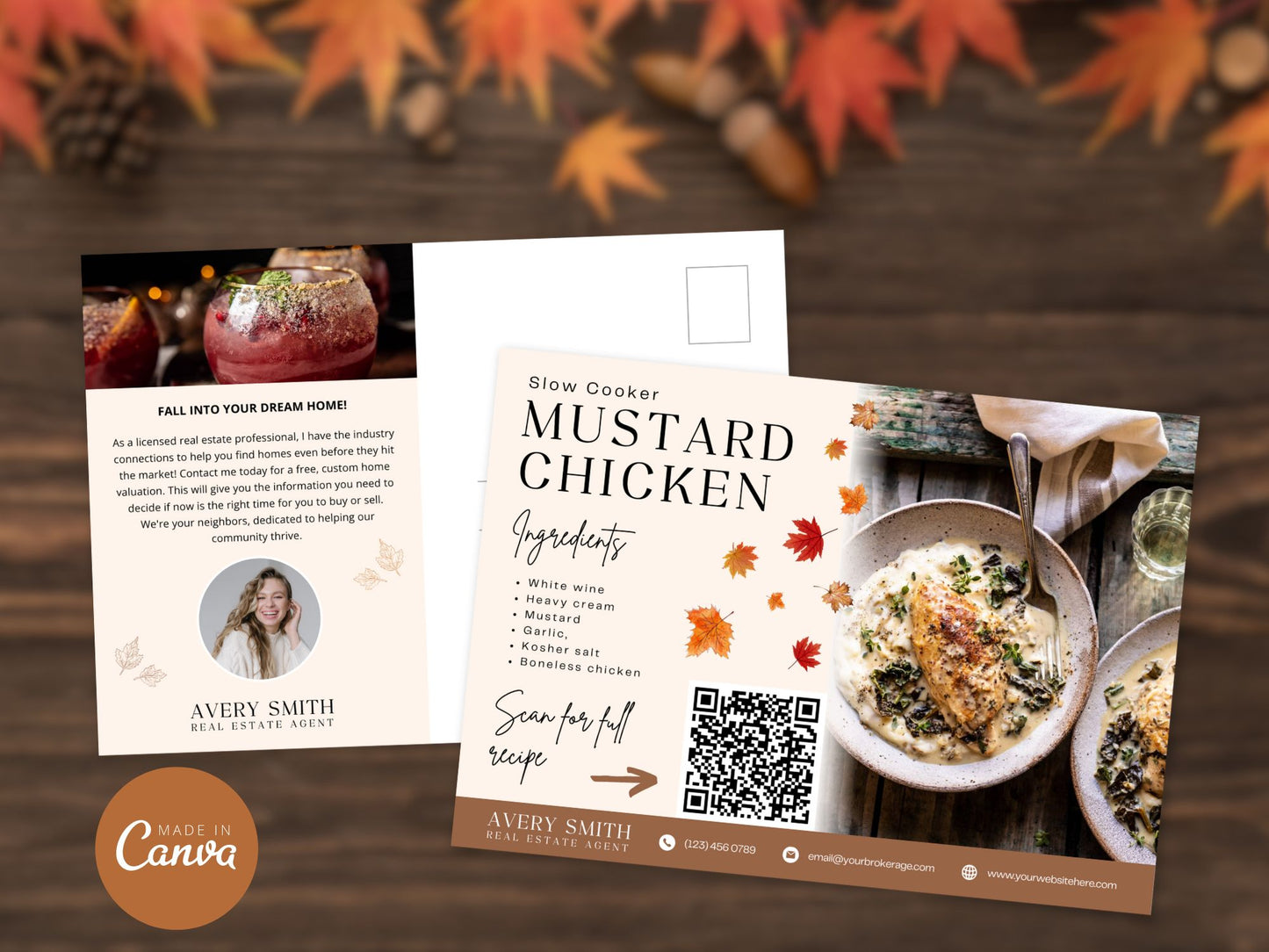 Fall Real Estate Recipe Postcards featuring seasonal recipes and real estate promotional content.
