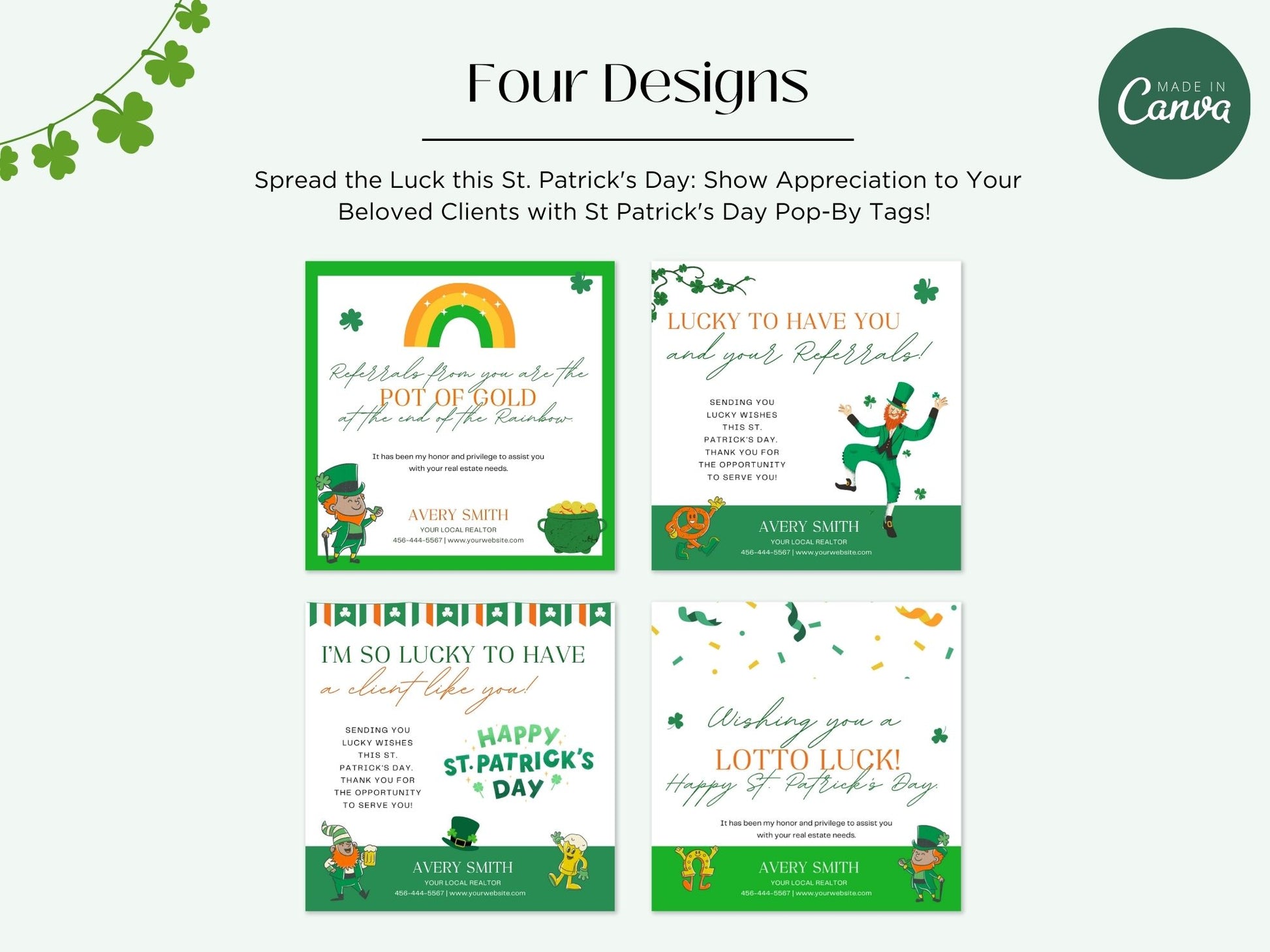 St. Patrick's Day Pop By Tags Bundle - Professionally designed real estate gift tags with festive St. Patrick's Day themes.