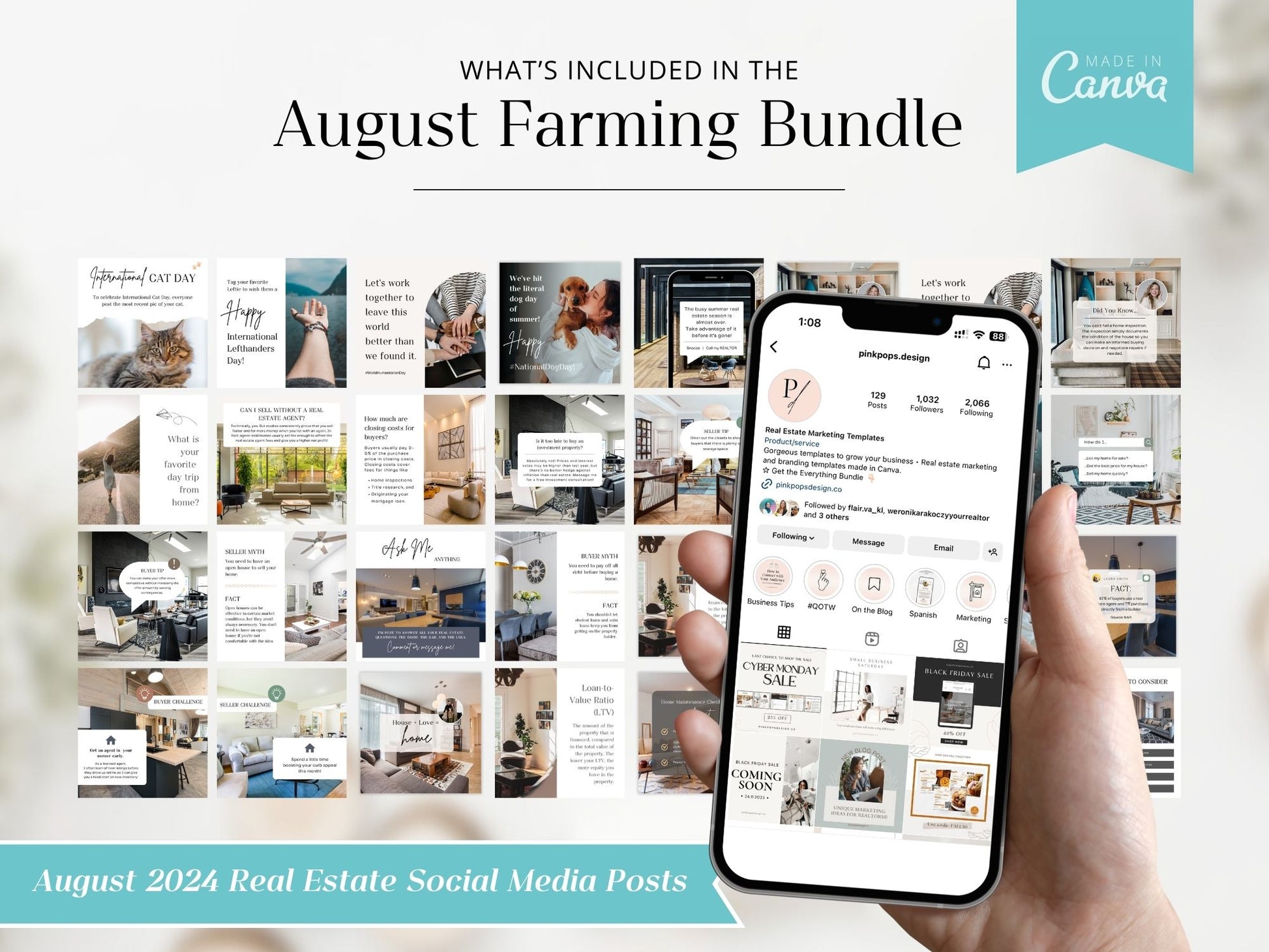 August Farming Bundle - Comprehensive set including newsletters, postcards, and flyers for real estate marketing.