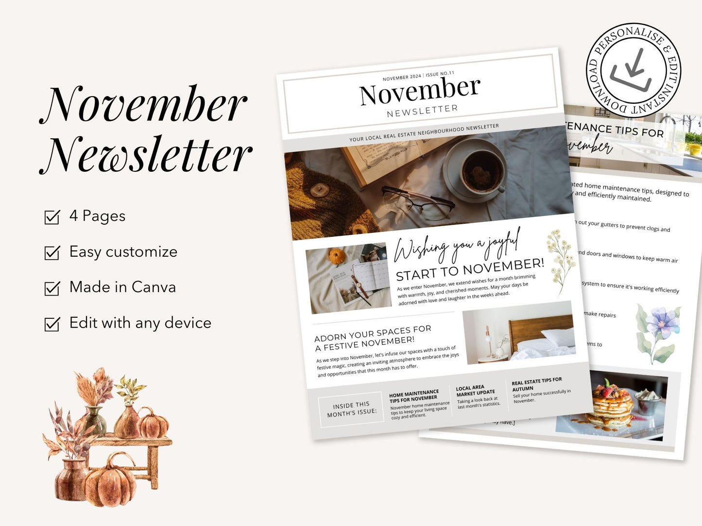 Minimal November Newsletter 2024 template for real estate professionals, featuring market
updates and seasonal advice.