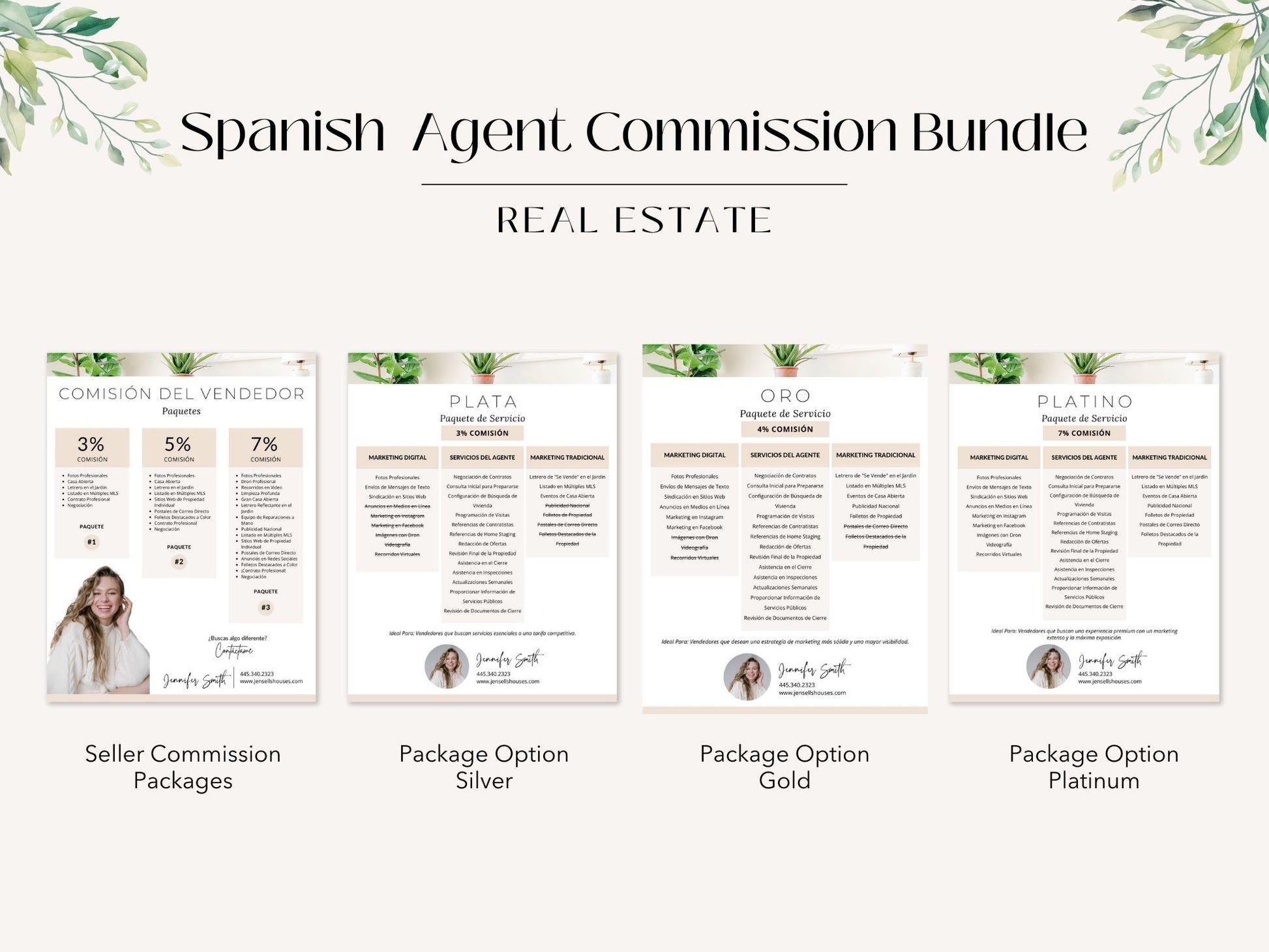 Spanish Agent Commission Bundle Vol 01 - Real estate documents in Spanish explaining commission structures and services for agents.