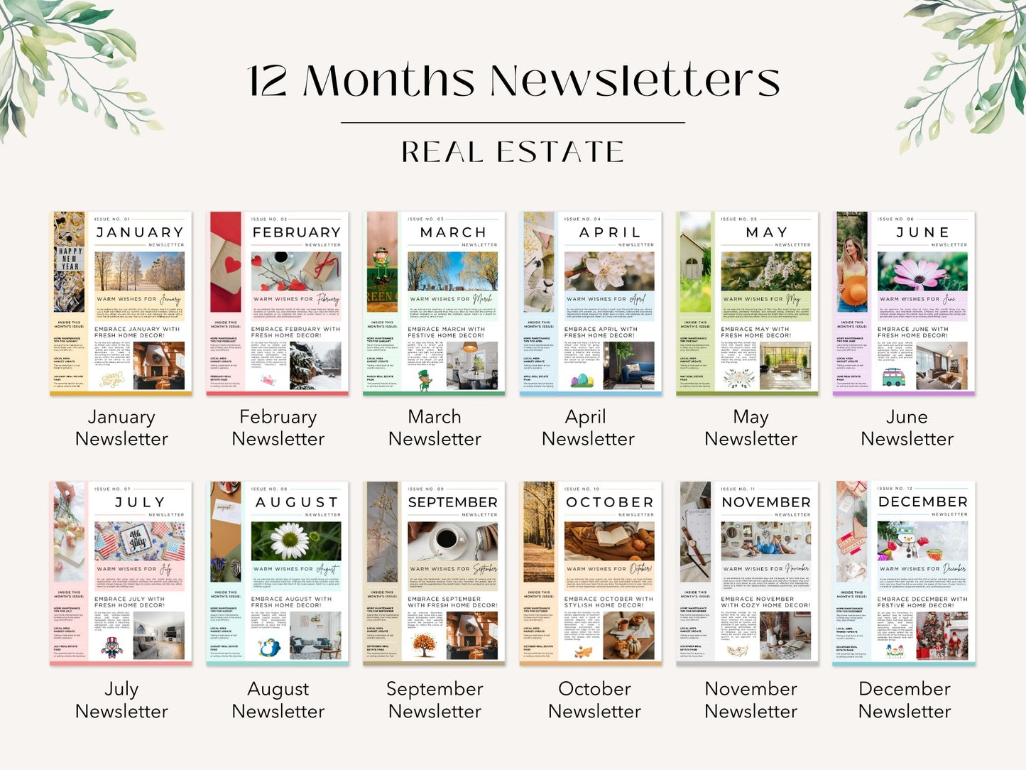 Modern, professional templates from the Monthly Newsletter Bundle Vol 02, designed for real estate updates and client engagement. 