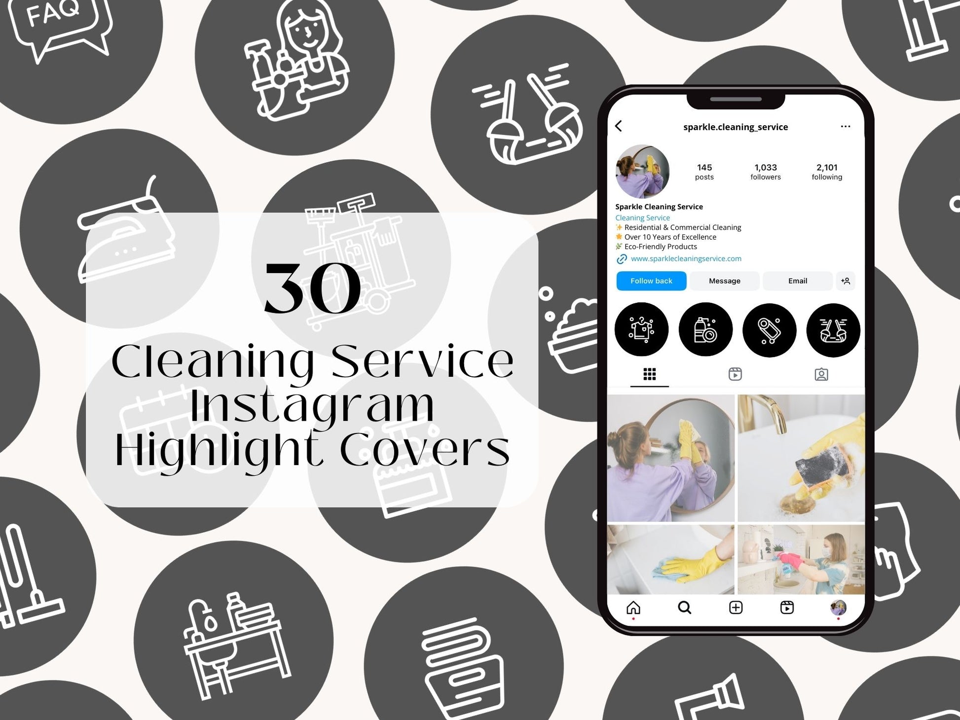 Black White Cleaning Highlight Covers - Stylish and professional icons for showcasing cleaning services on Instagram.