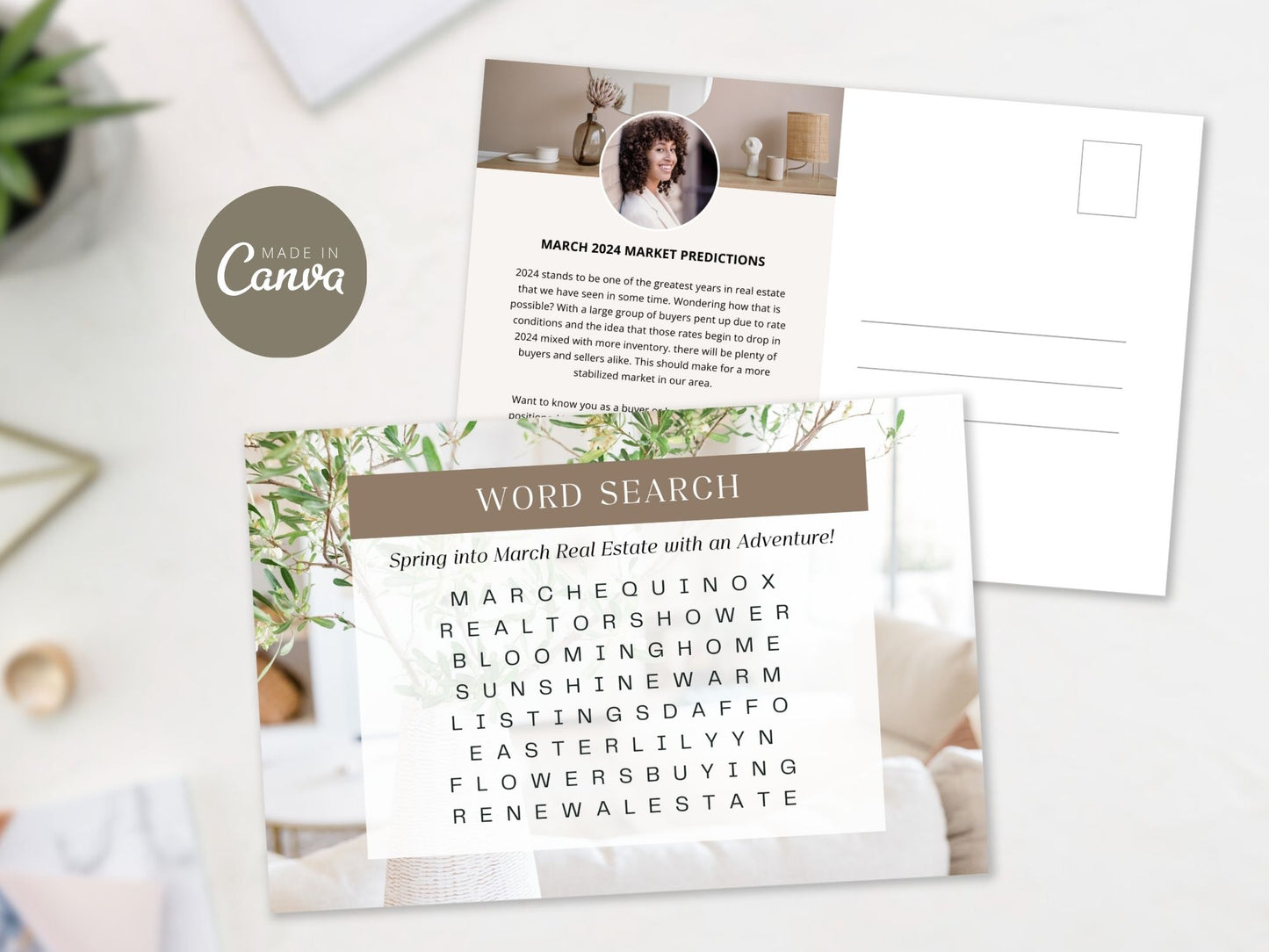 March Word Search Postcard - Professionally designed real estate postcard featuring a fun and interactive March-themed word search.