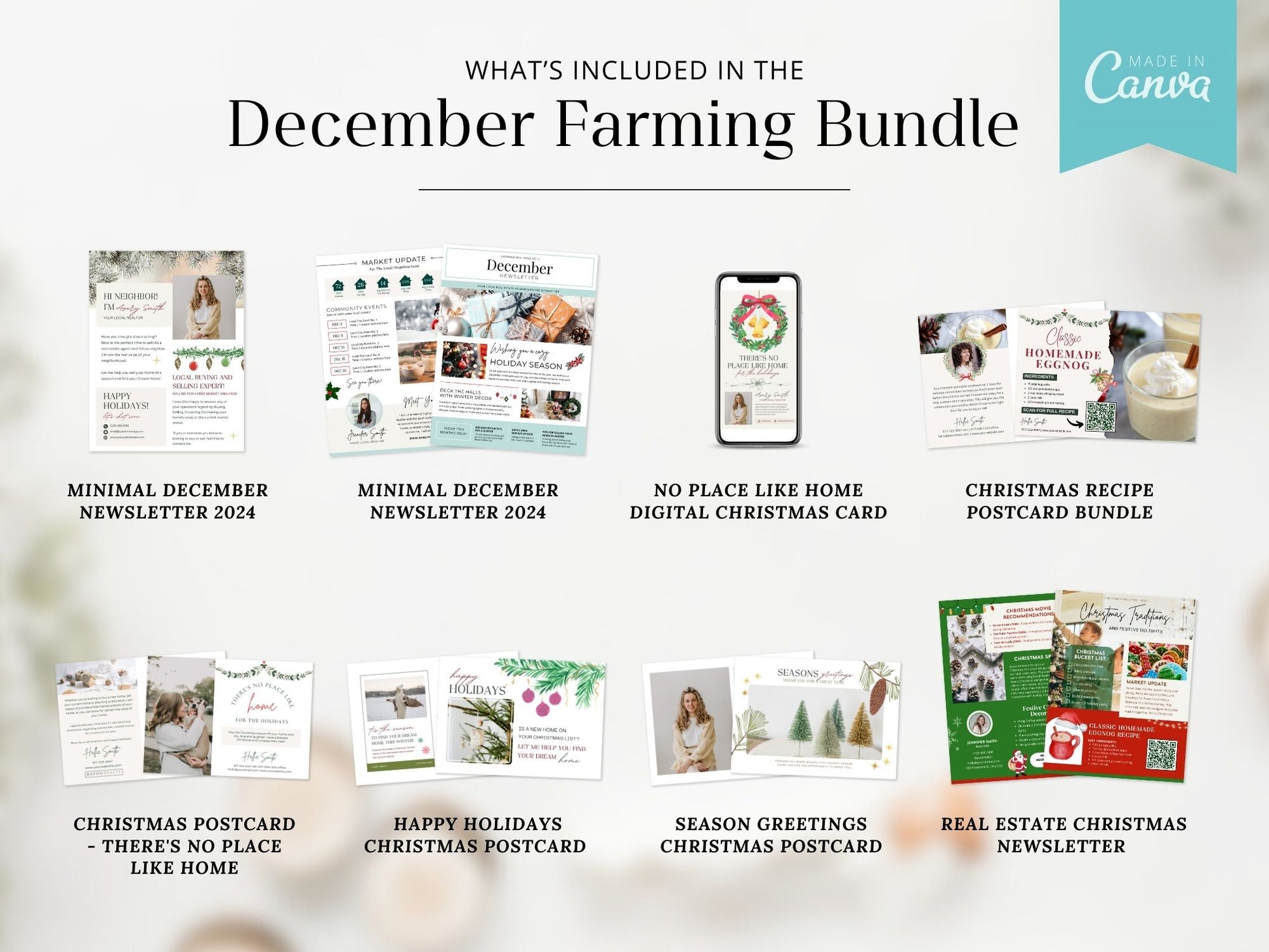 December Real Estate Farming Bundle with festive postcards, flyers, and letters for holiday marketing.