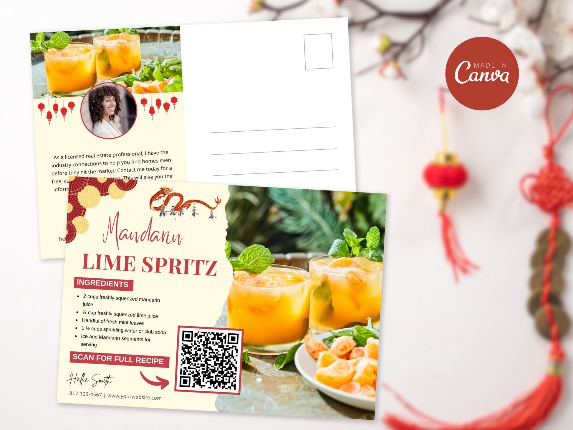 A set of Lunar New Year-themed recipe postcards featuring vibrant festive designs, ideal for real estate client engagement.