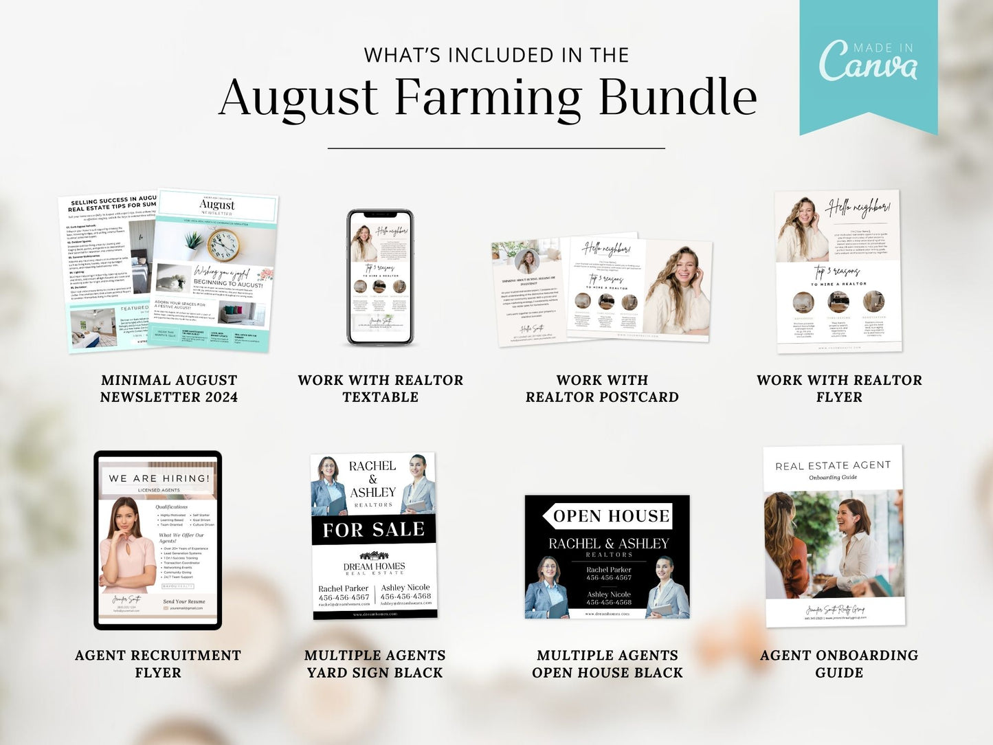 August Farming Bundle - Comprehensive set including newsletters, postcards, and flyers for real estate marketing.