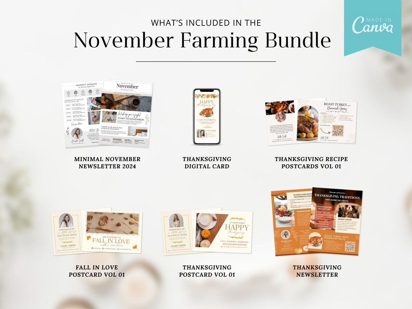 November Real Estate Farming Bundle with seasonal postcards, flyers, and letters for fall marketing.