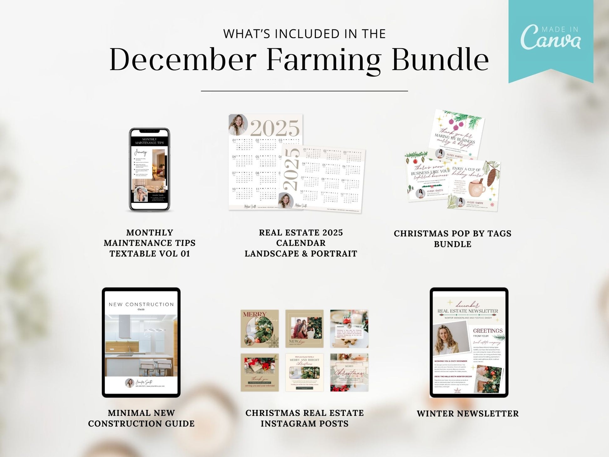 December Real Estate Farming Bundle with festive postcards, flyers, and letters for holiday marketing.