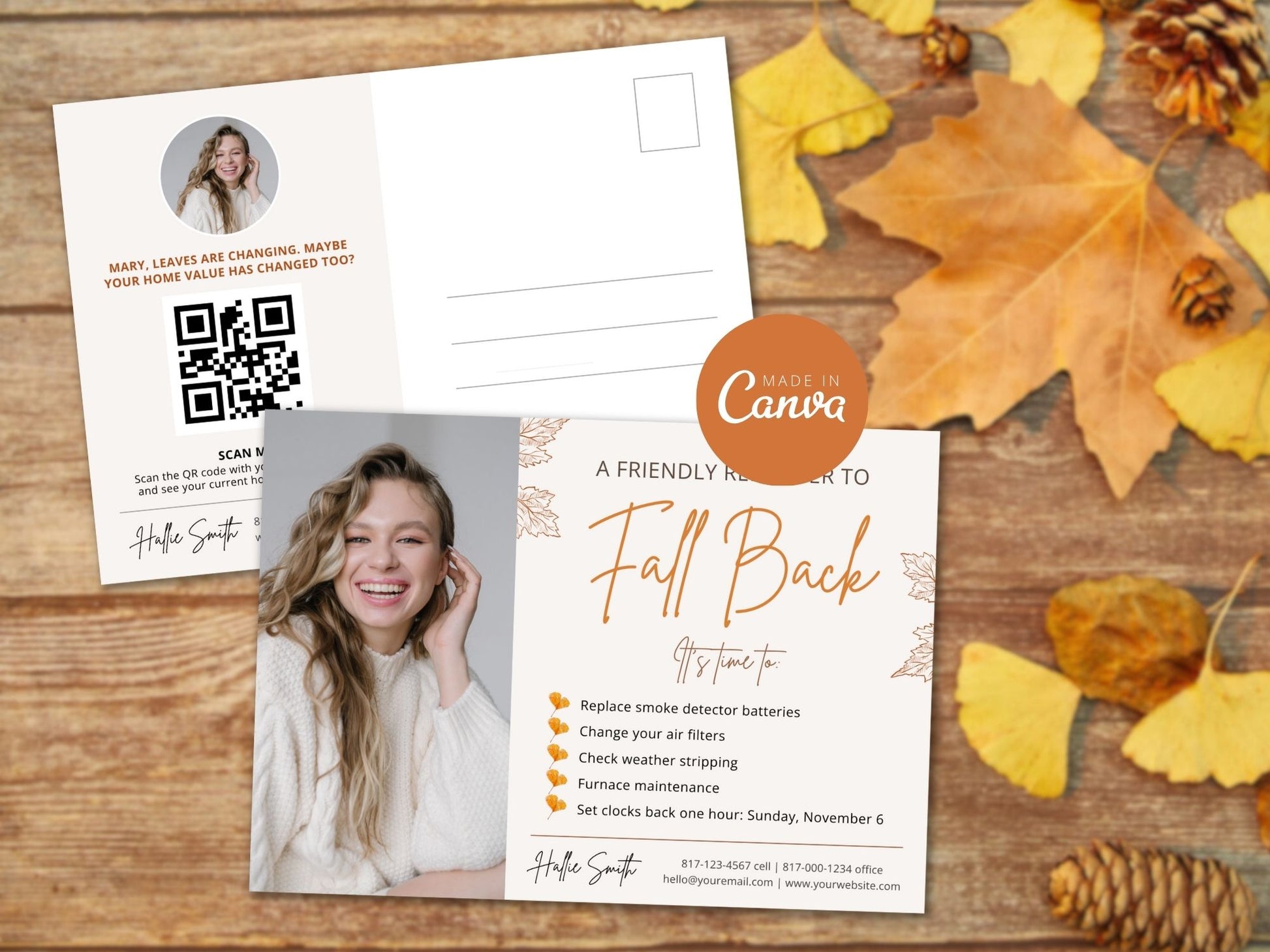 Real Estate Fall Back Postcard Vol 01 - Eye-catching design for reminding clients about the time change and showcasing your real estate brand in the autumn season.