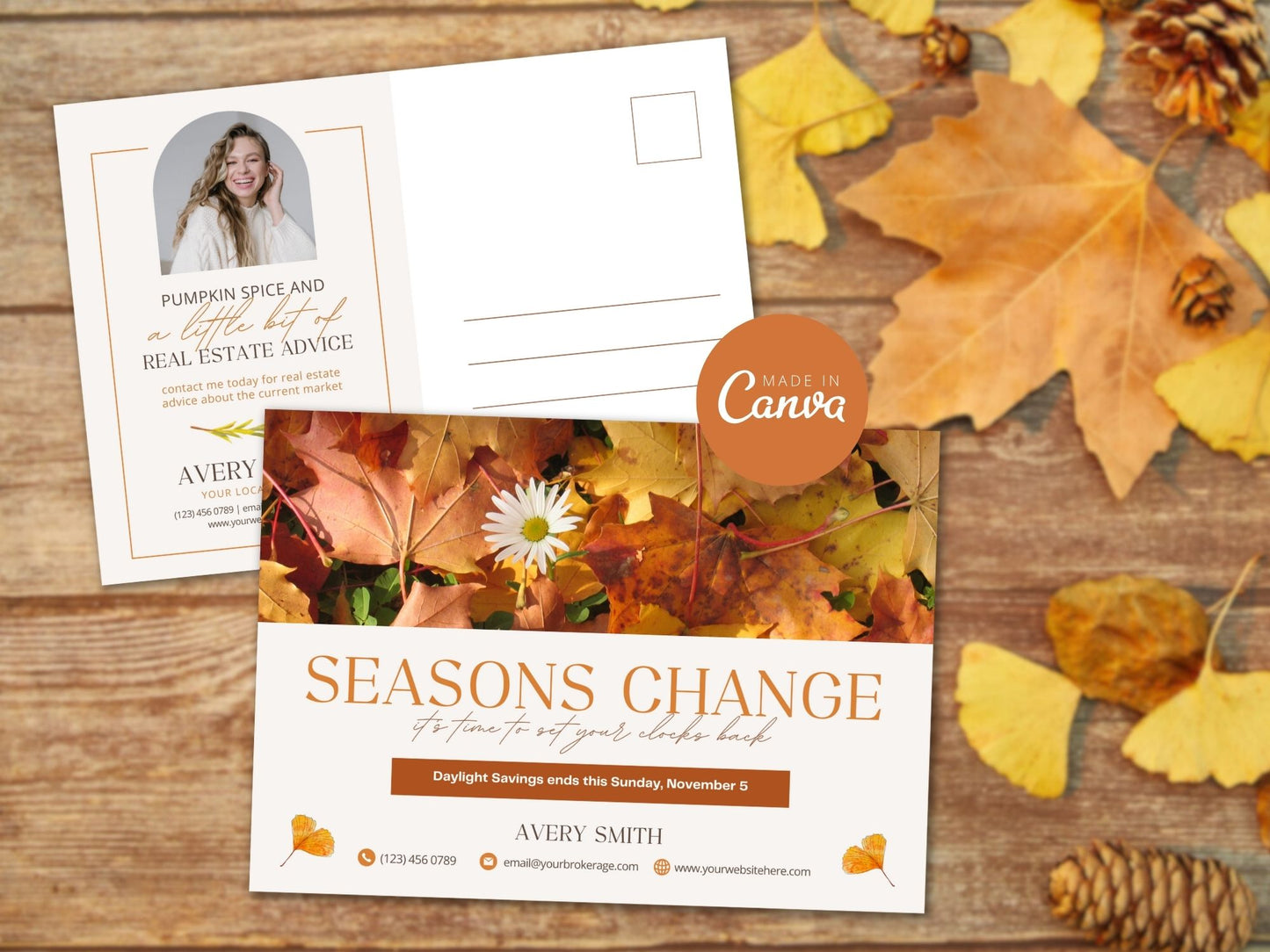 Real Estate Fall Daylight Saving Time Postcard - Eye-catching design for sharing seasonal greetings and reminding clients about the time change, reinforcing your presence in the real estate market.