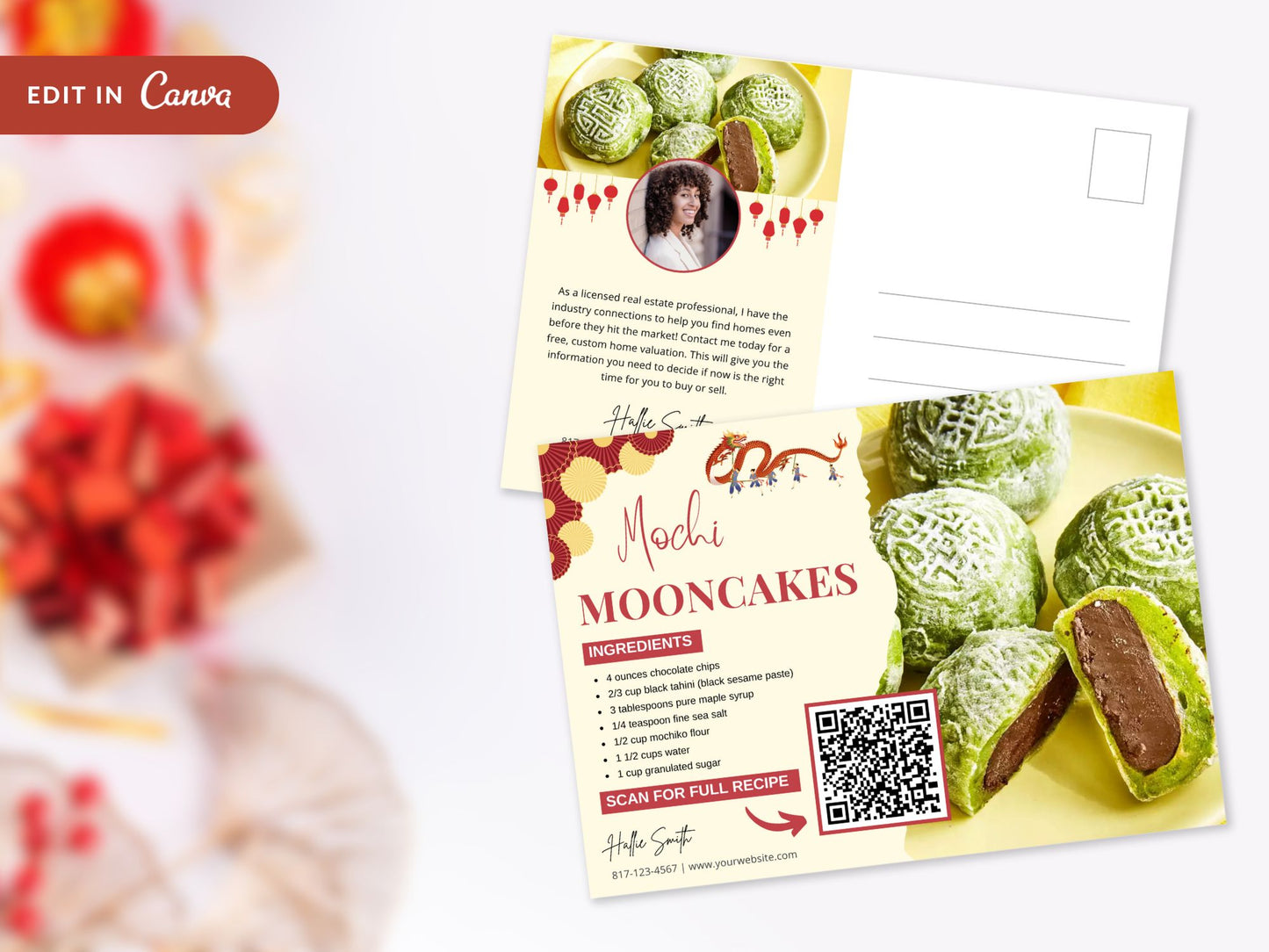 A set of Lunar New Year-themed recipe postcards featuring vibrant festive designs, ideal for real estate client engagement.