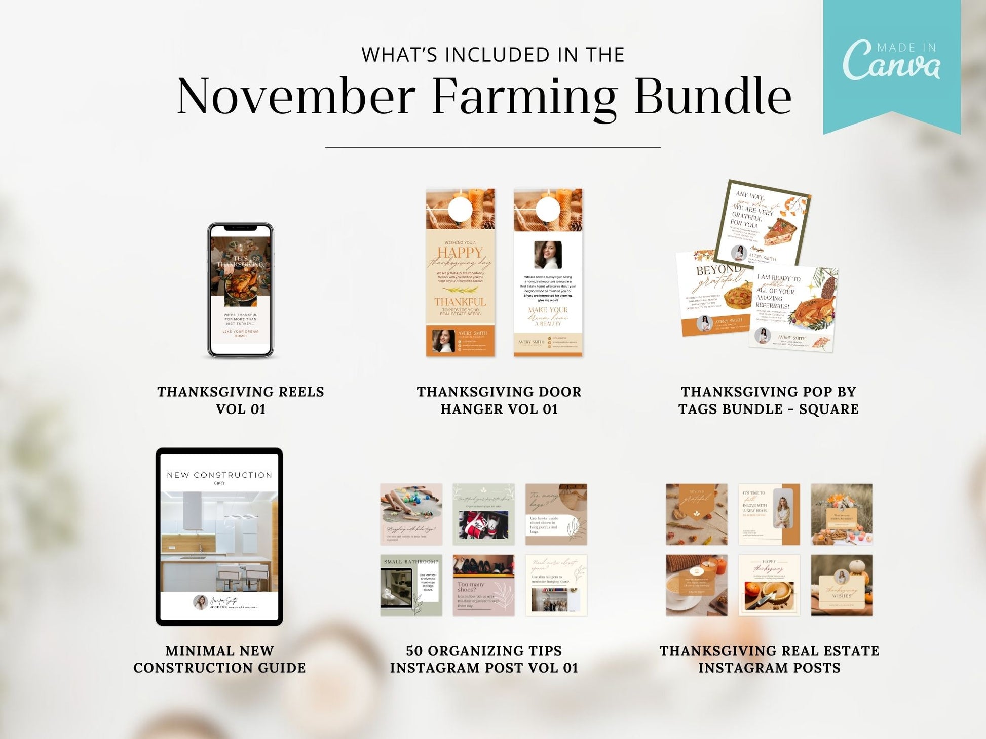 November Real Estate Farming Bundle with seasonal postcards, flyers, and letters for fall marketing.