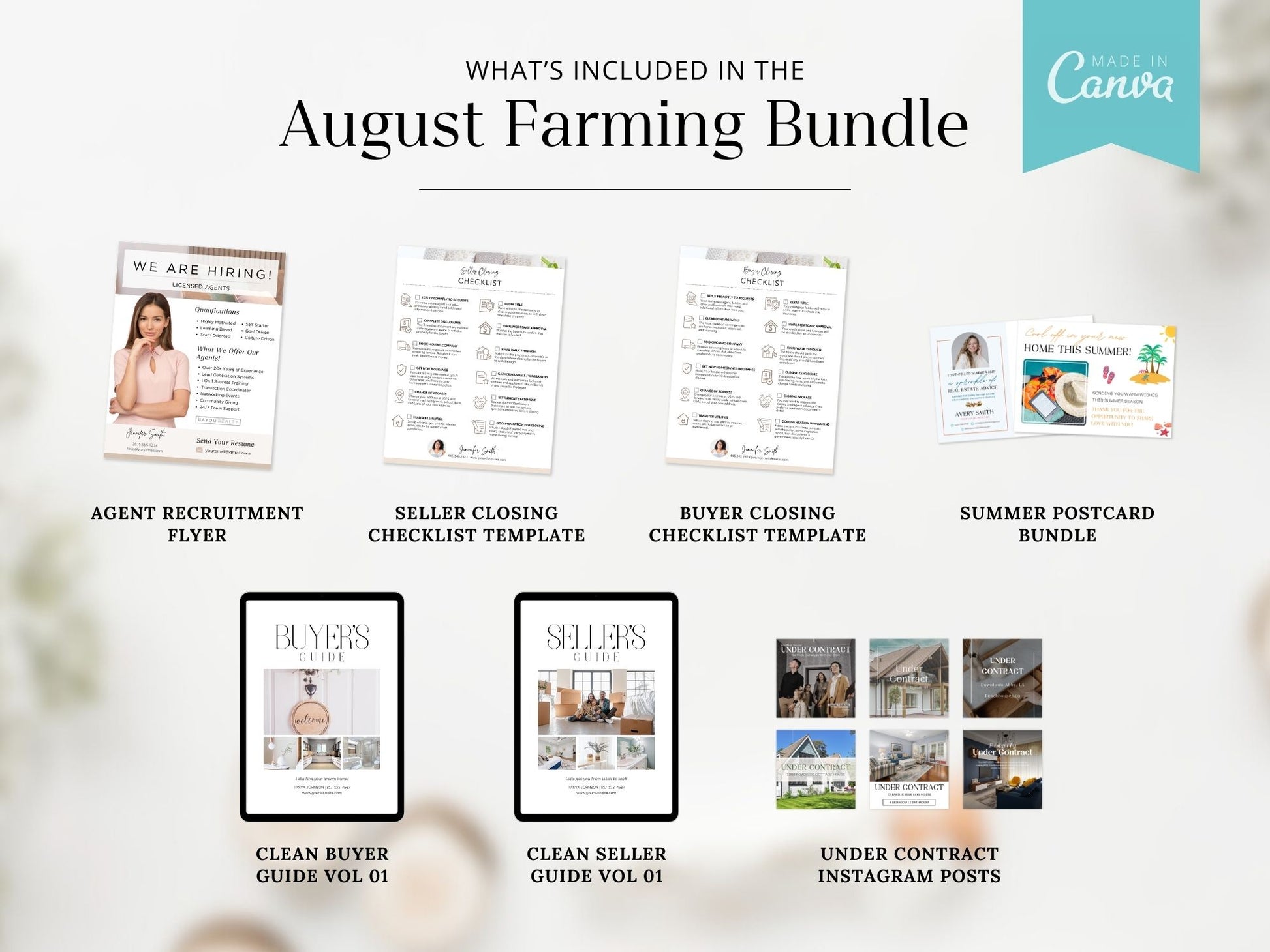 August Farming Bundle - Comprehensive set including newsletters, postcards, and flyers for real estate marketing.