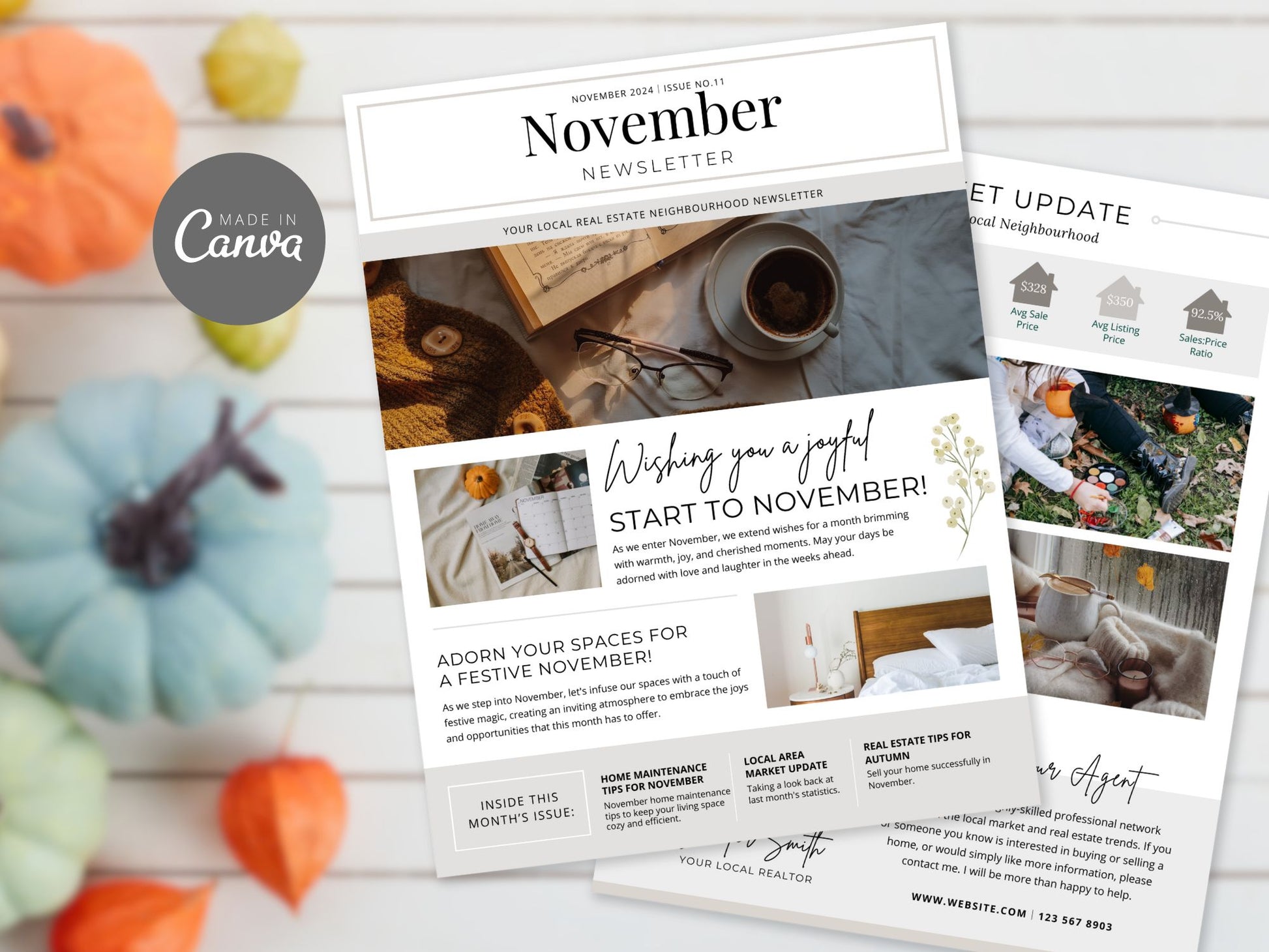 Minimal November Newsletter 2024 template for real estate professionals, featuring market
updates and seasonal advice.